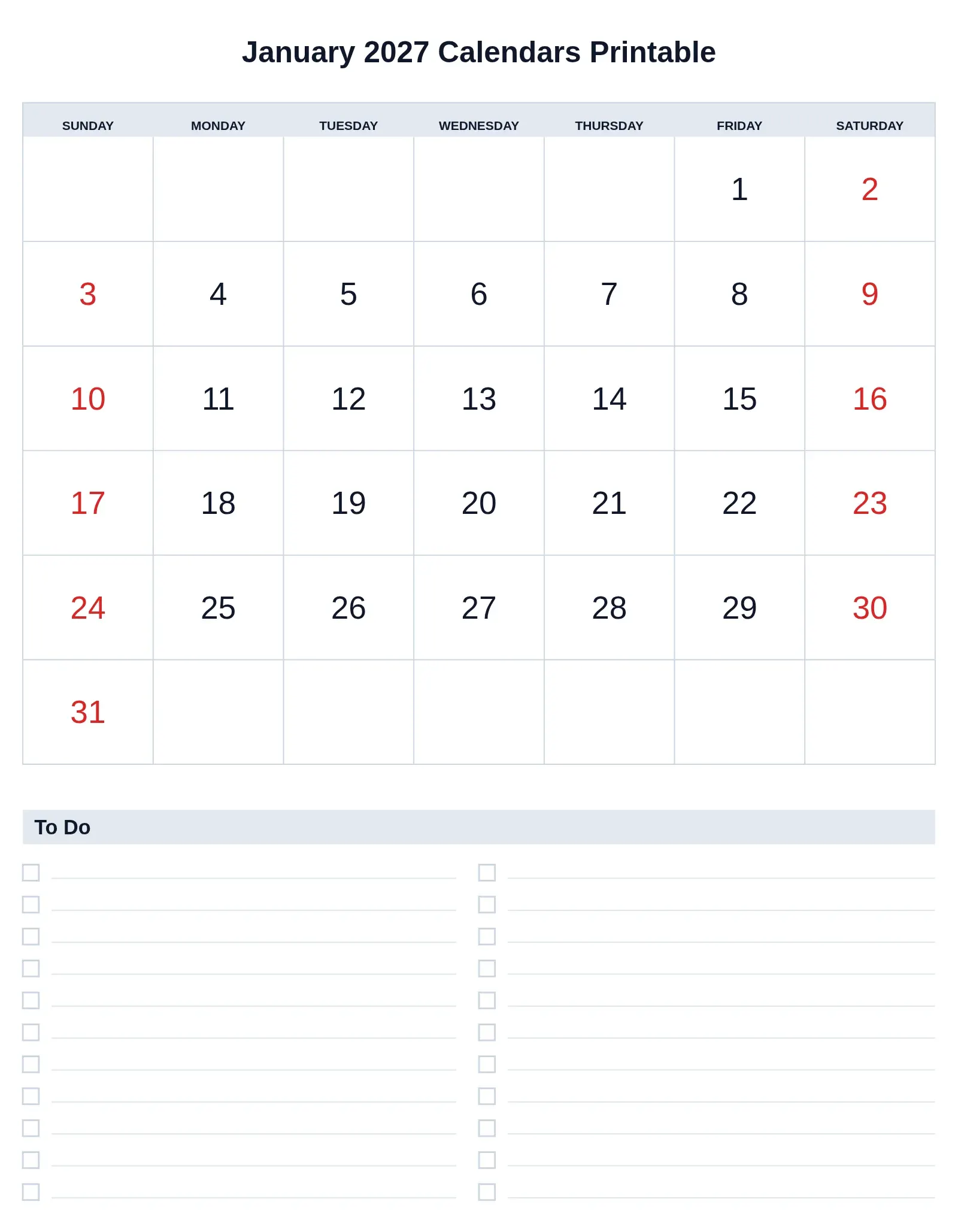 January 2027 Calendars Printable With To Do List Bottom Portrait January 2027 Calendars Printable With To Do List Bottom Portrait
