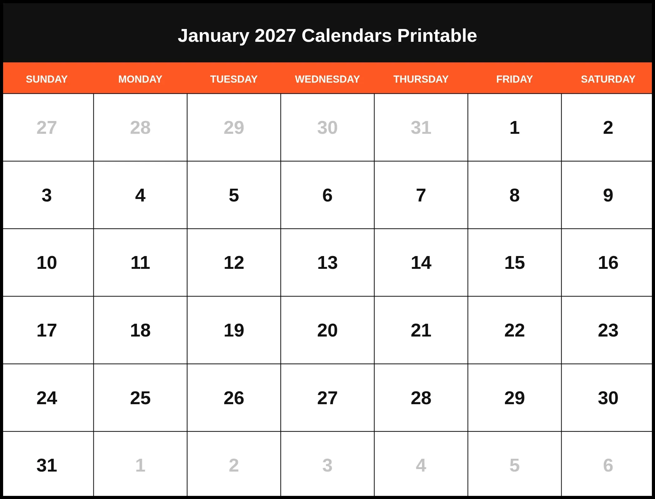 January 2027 Calendars Printable January 2027 Calendars Printable