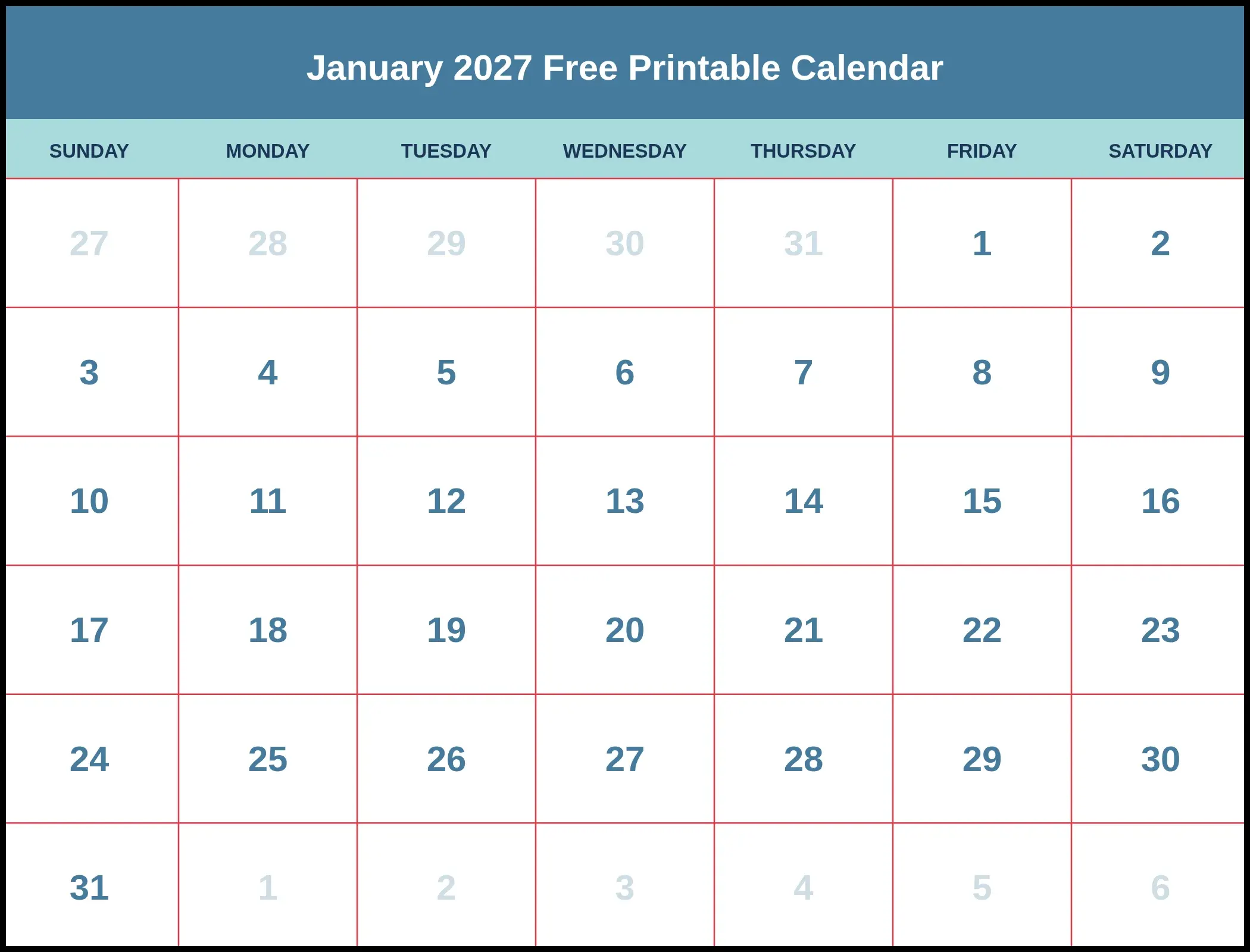 January 2027 Free Printable Calendar