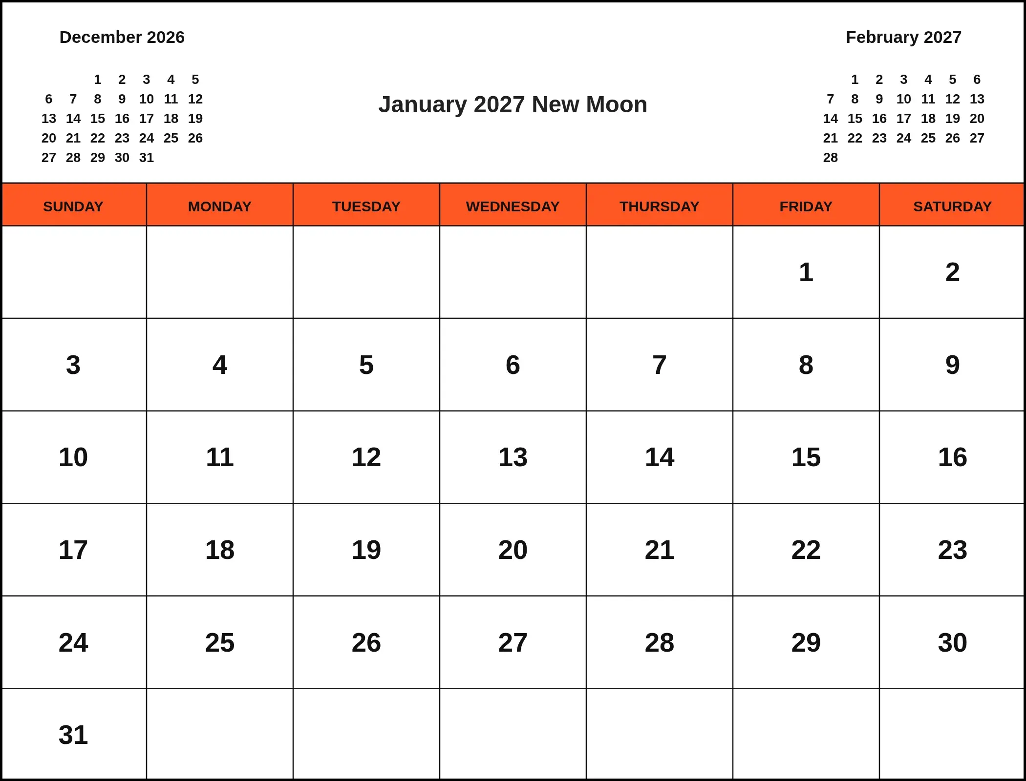 January 2027 New Moon With Three Month View January 2027 New Moon With Three Month View