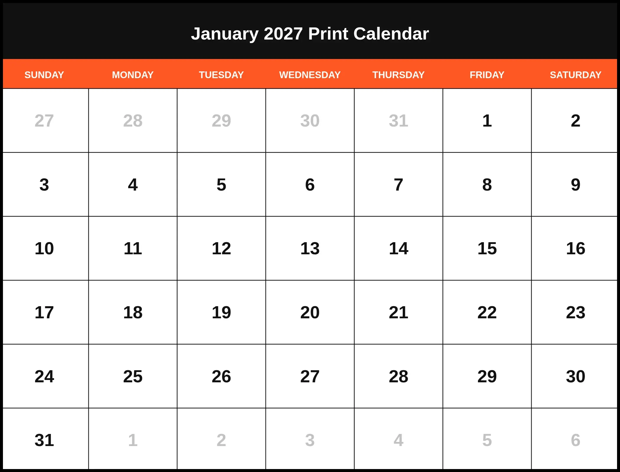 January 2027 Print Calendar Pdf January 2027 Print Calendar Pdf