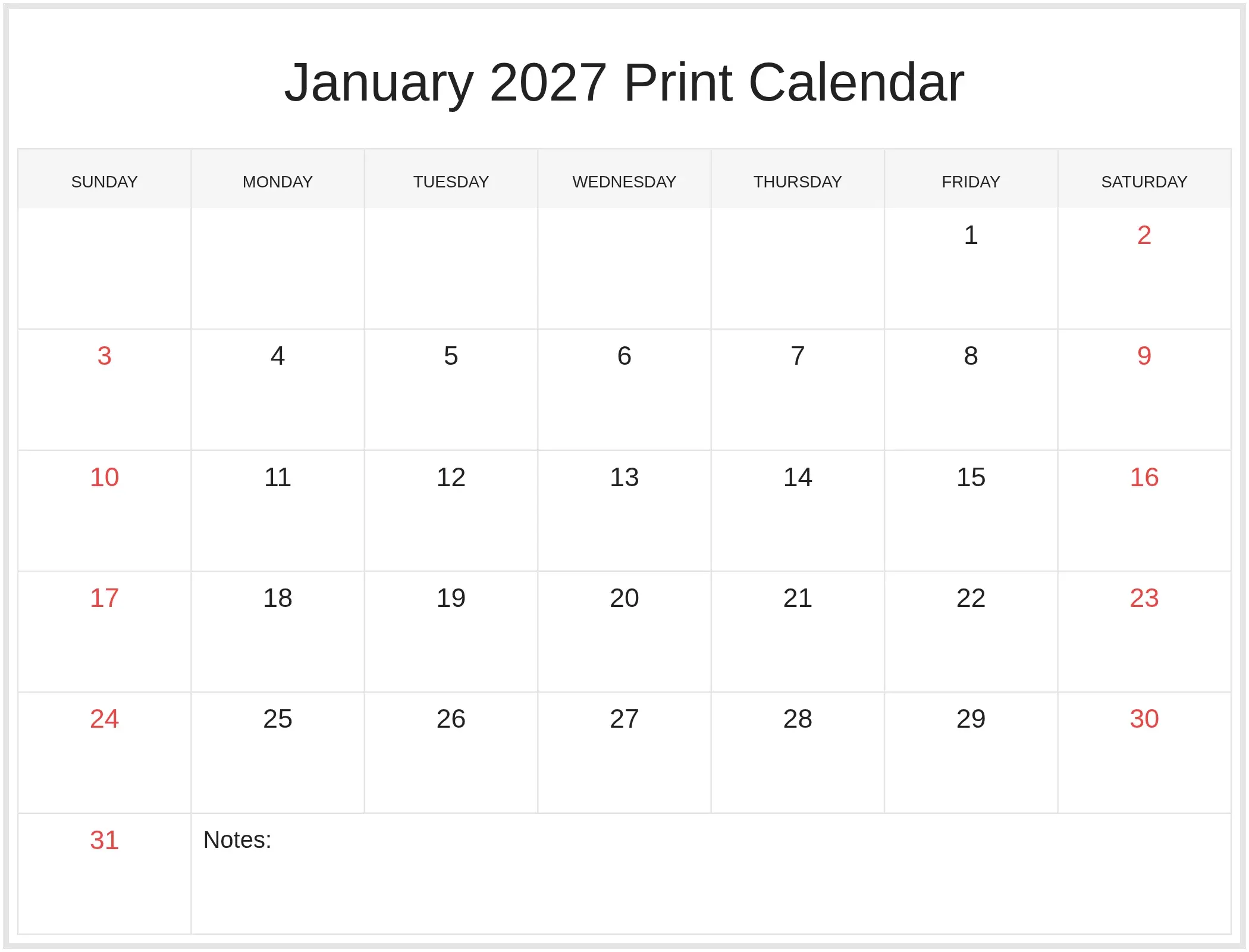 January 2027 Print Calendar with Notes Bottom Landscape