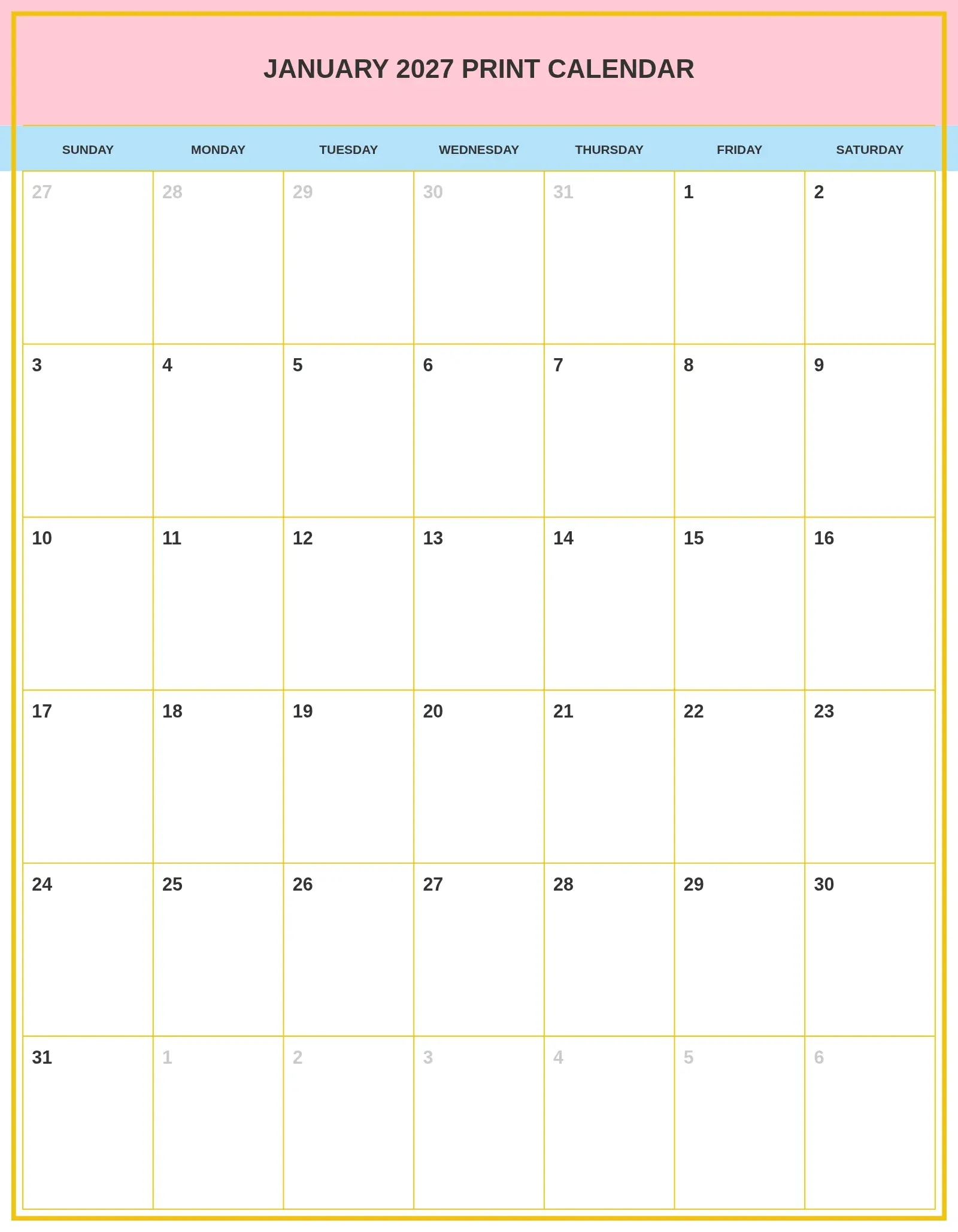 January 2027 Print Calendar With Portrait Template