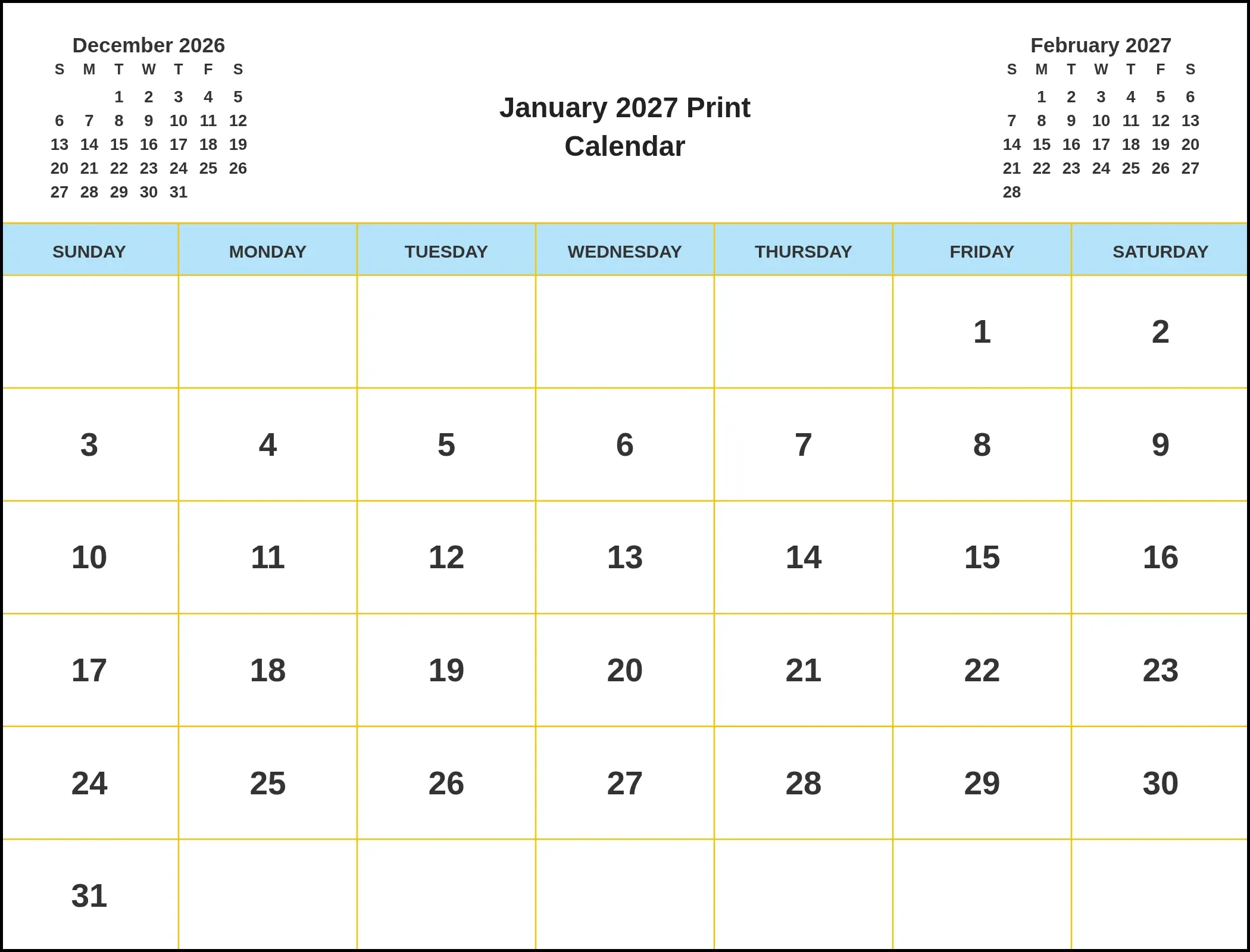 January 2027 Print Calendar With Three Month View January 2027 Print Calendar With Three Month View