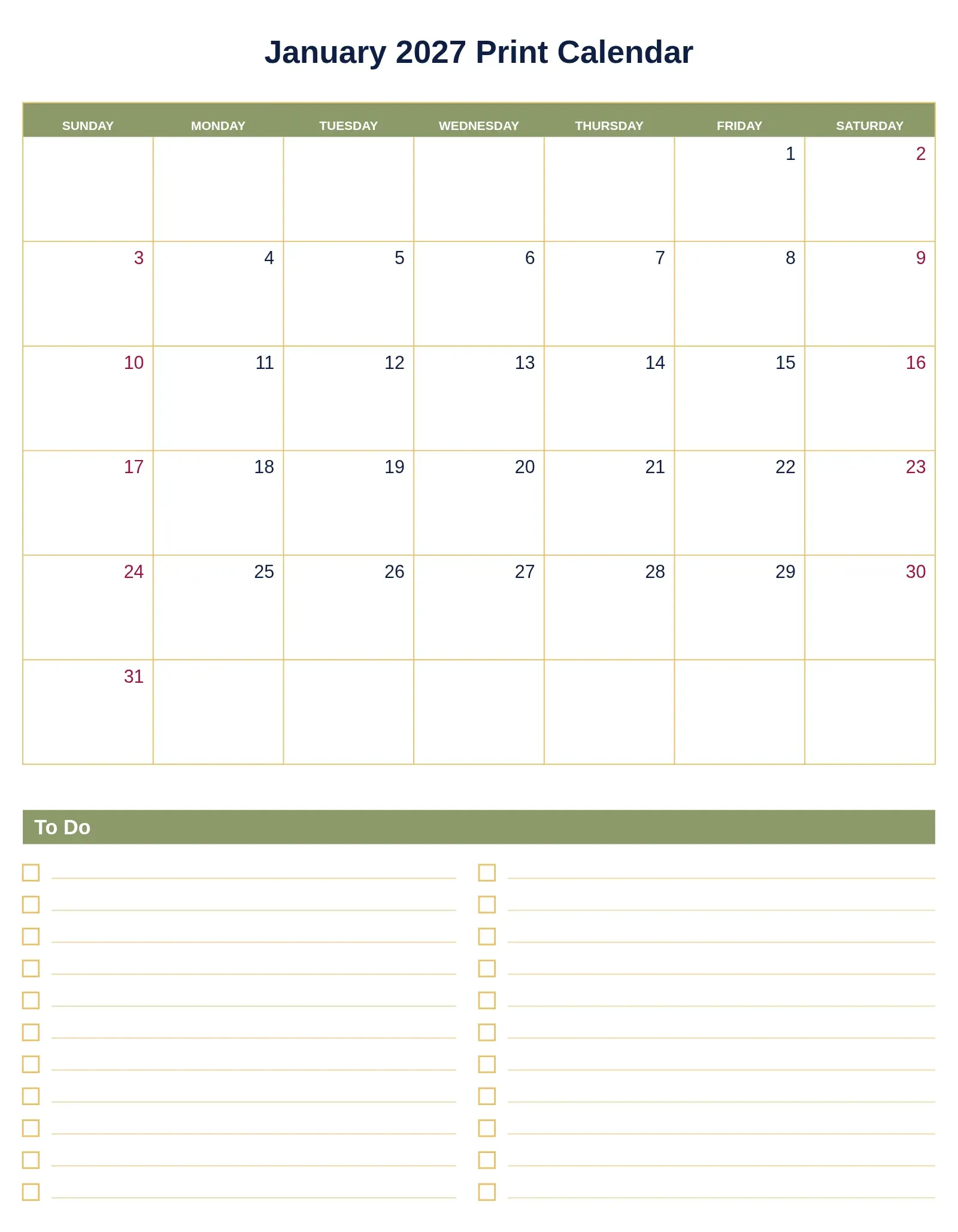 January 2027 Print Calendar With To Do List Bottom Portrait January 2027 Print Calendar With To Do List Bottom Portrait