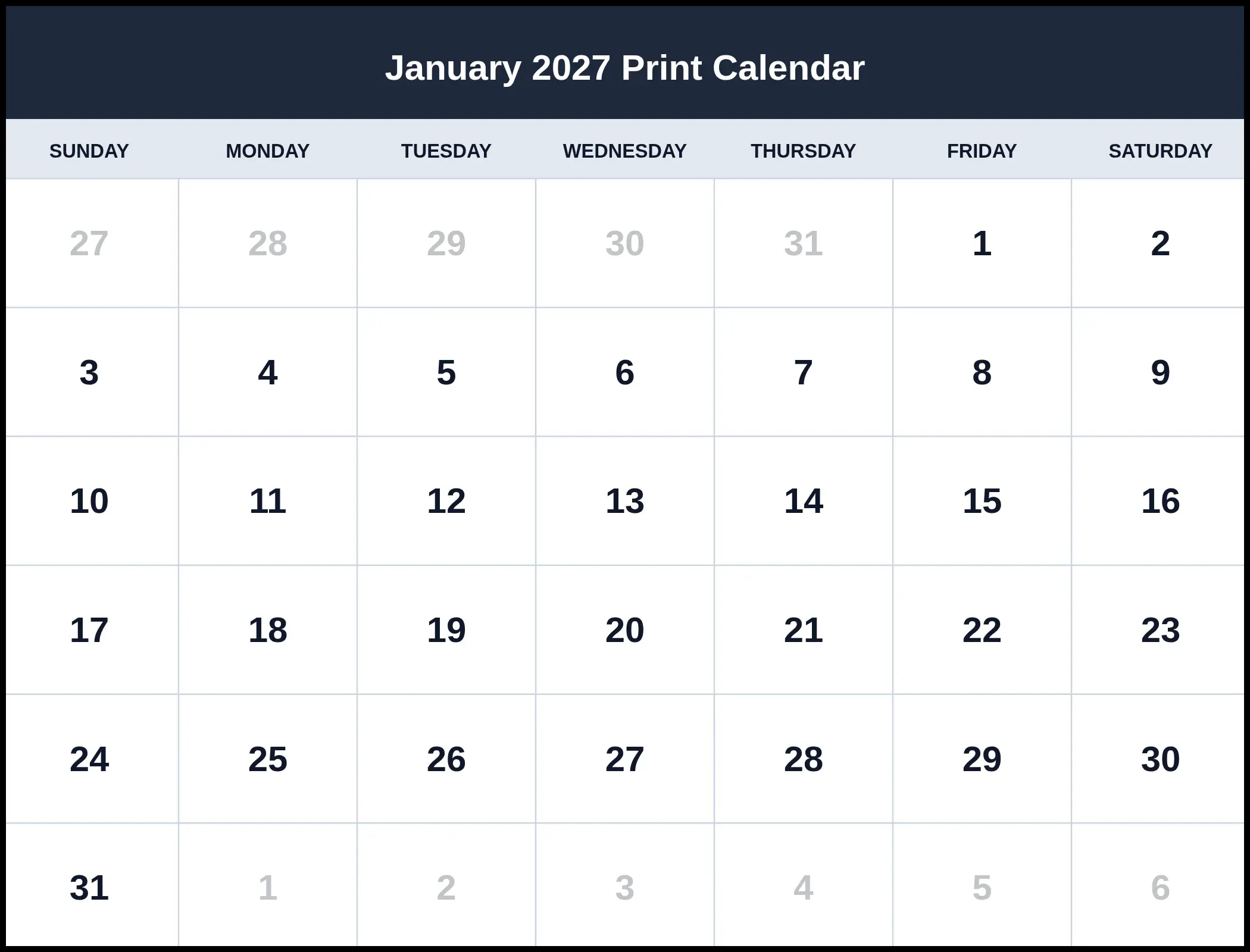 January 2027 Print Calendar January 2027 Print Calendar