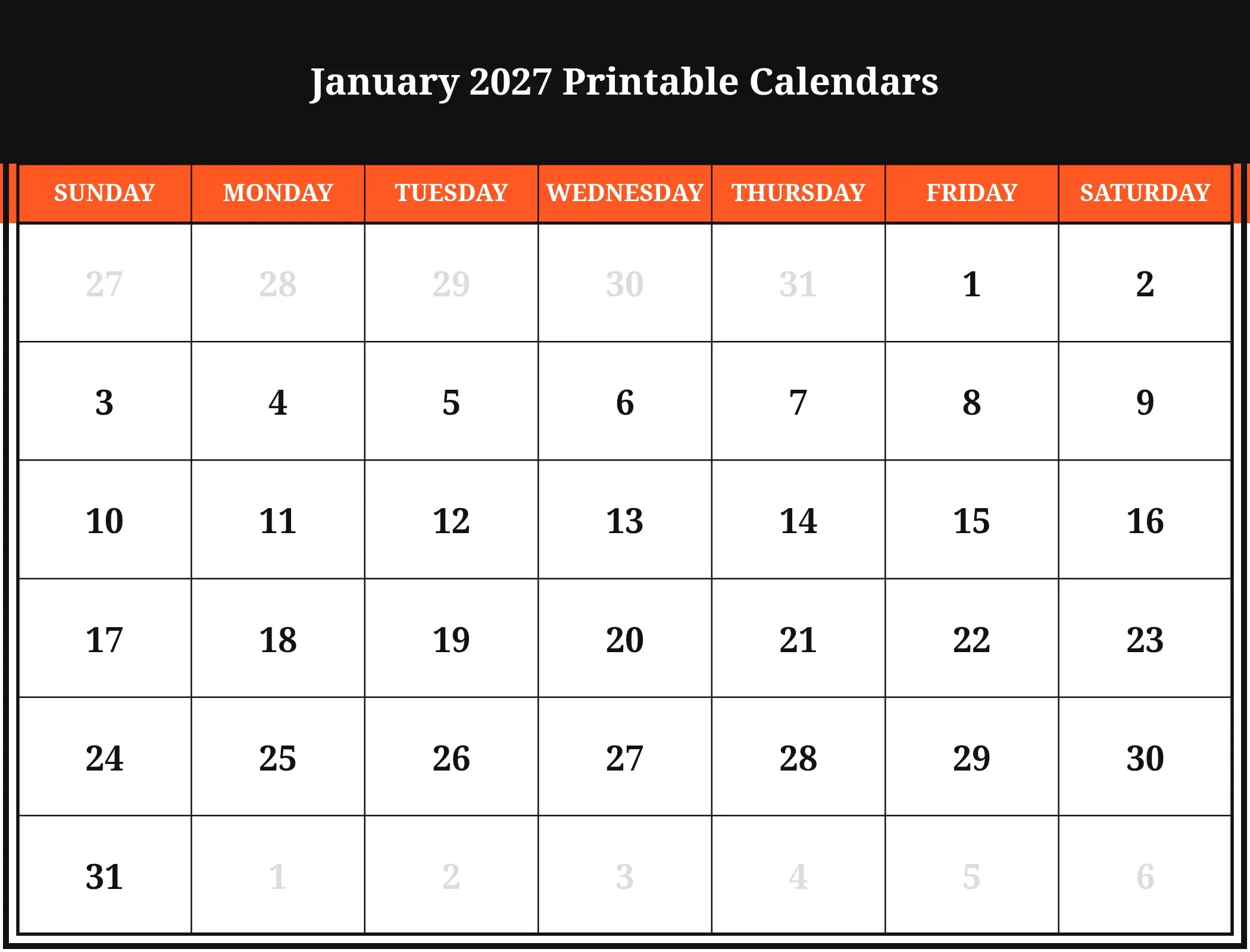 January 2027 Printable Calendars Download Landscape January 2027 Printable Calendars Download Landscape