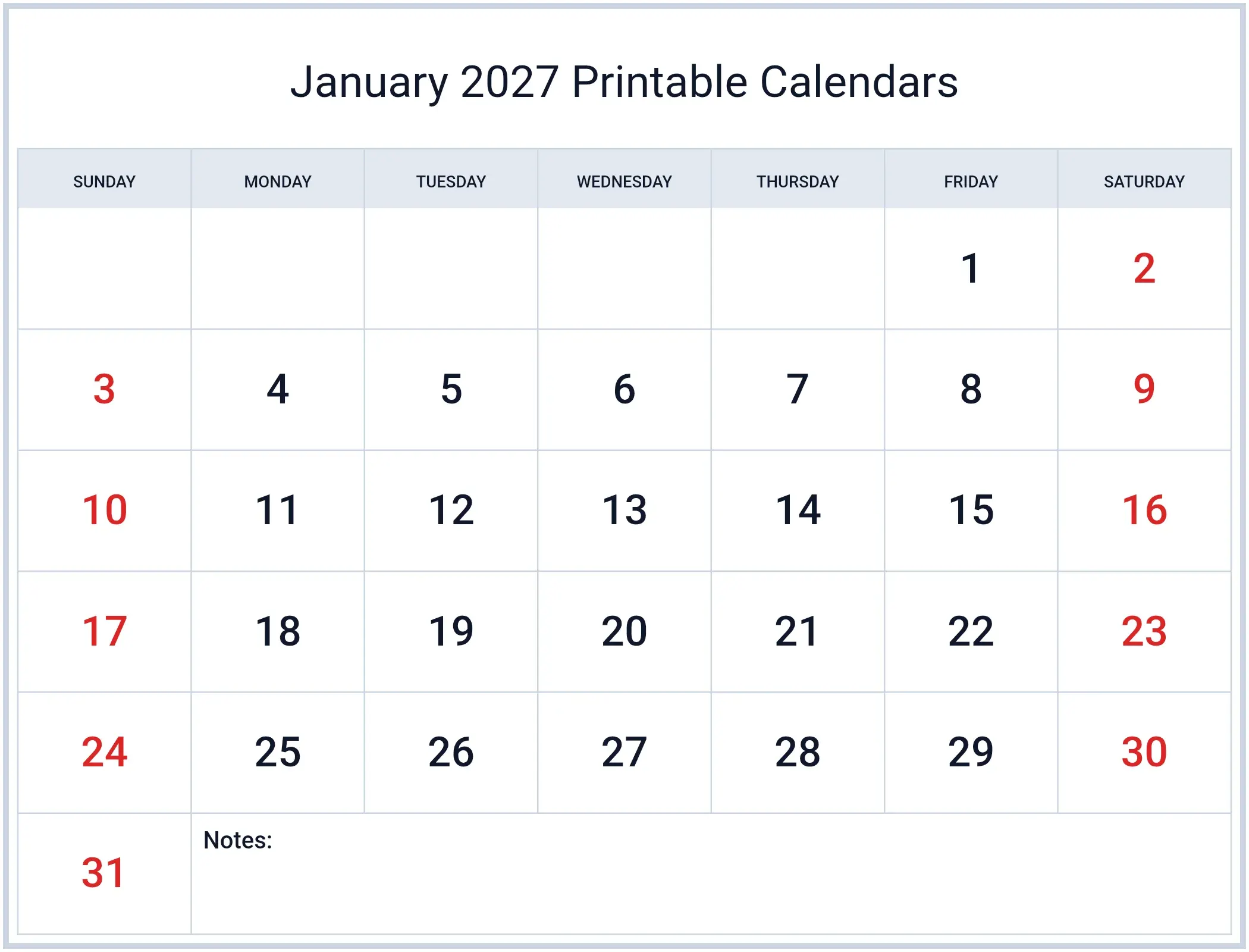 January 2027 Printable Calendars with Notes Bottom Landscape January 2027 Printable Calendars with Notes Bottom Landscape