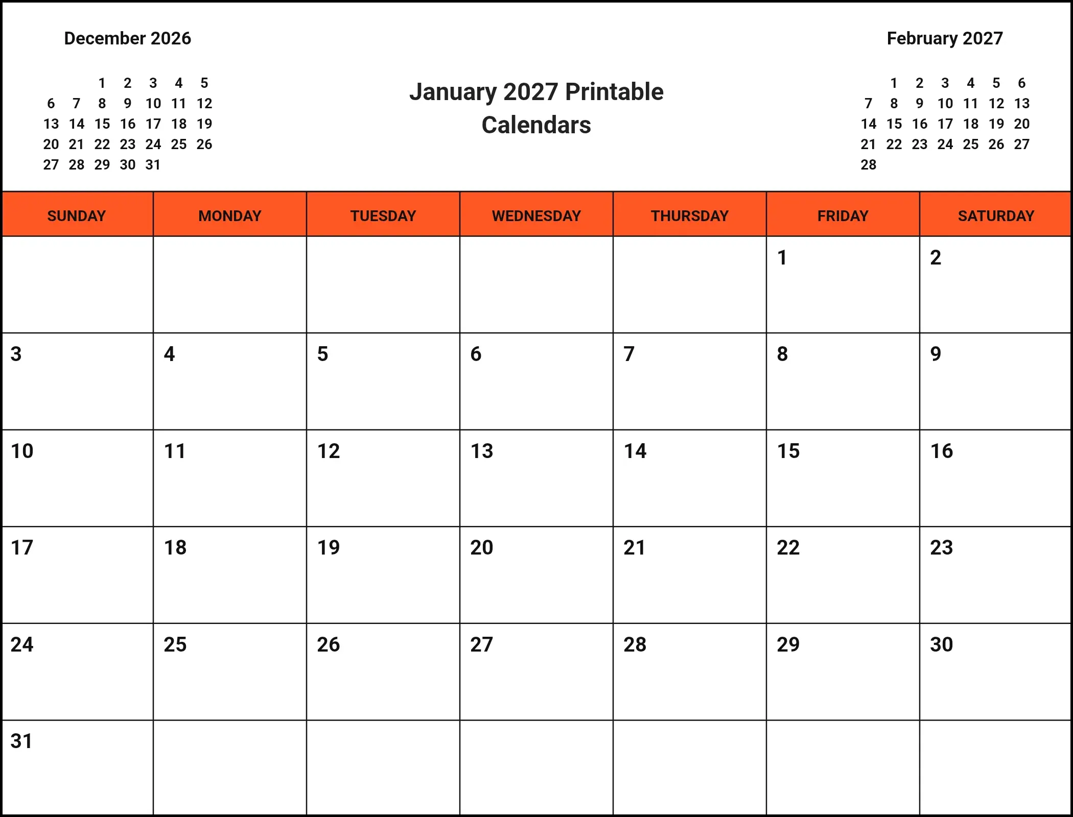 January 2027 Printable Calendars With Three Month View
