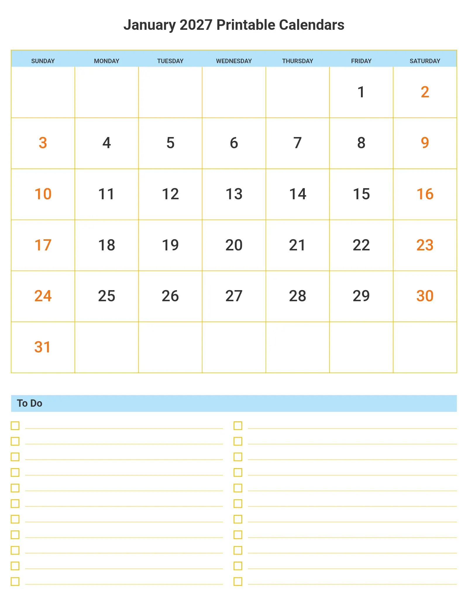 January 2027 Printable Calendars With To Do List Bottom Portrait January 2027 Printable Calendars With To Do List Bottom Portrait
