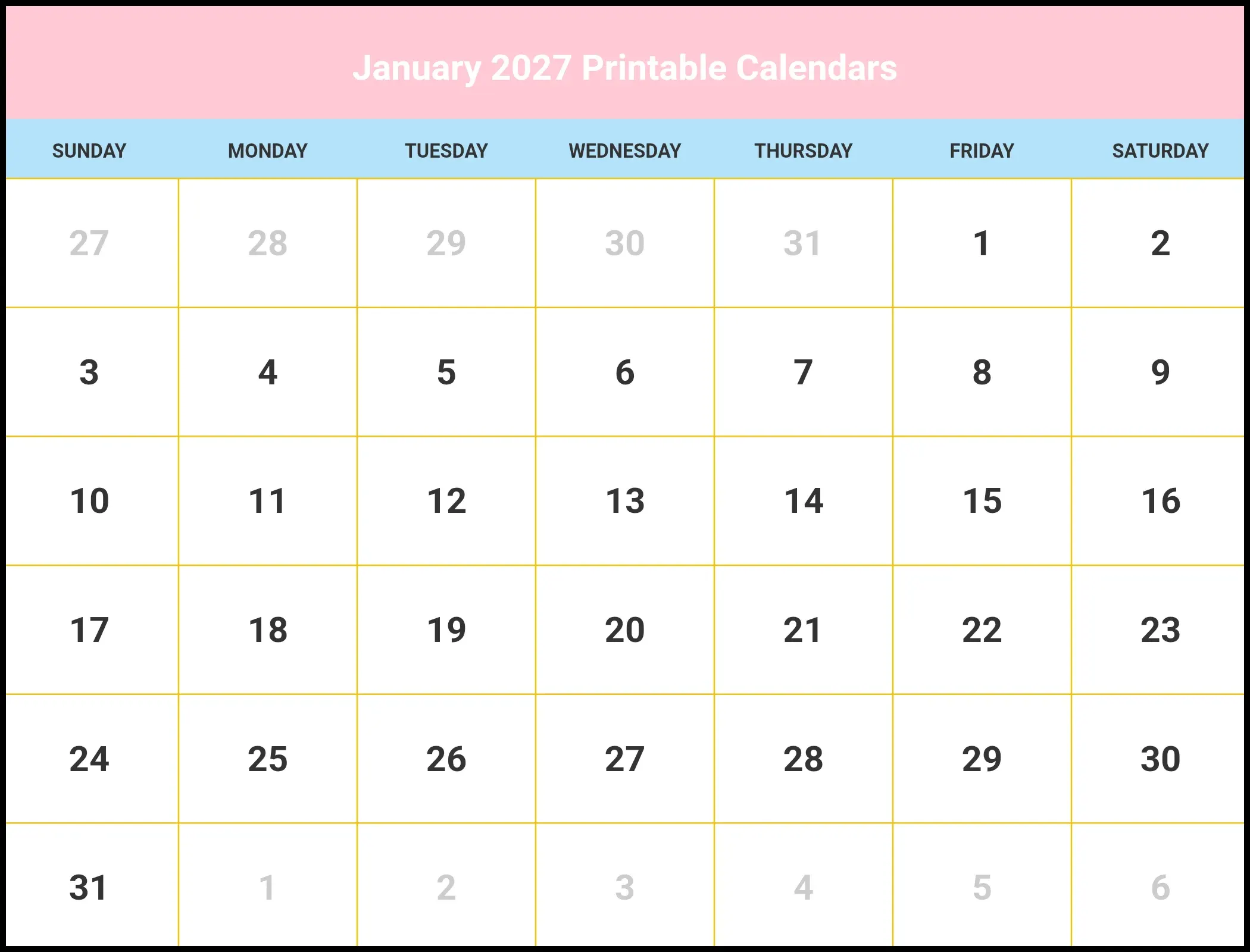 January 2027 Printable Calendars January 2027 Printable Calendars