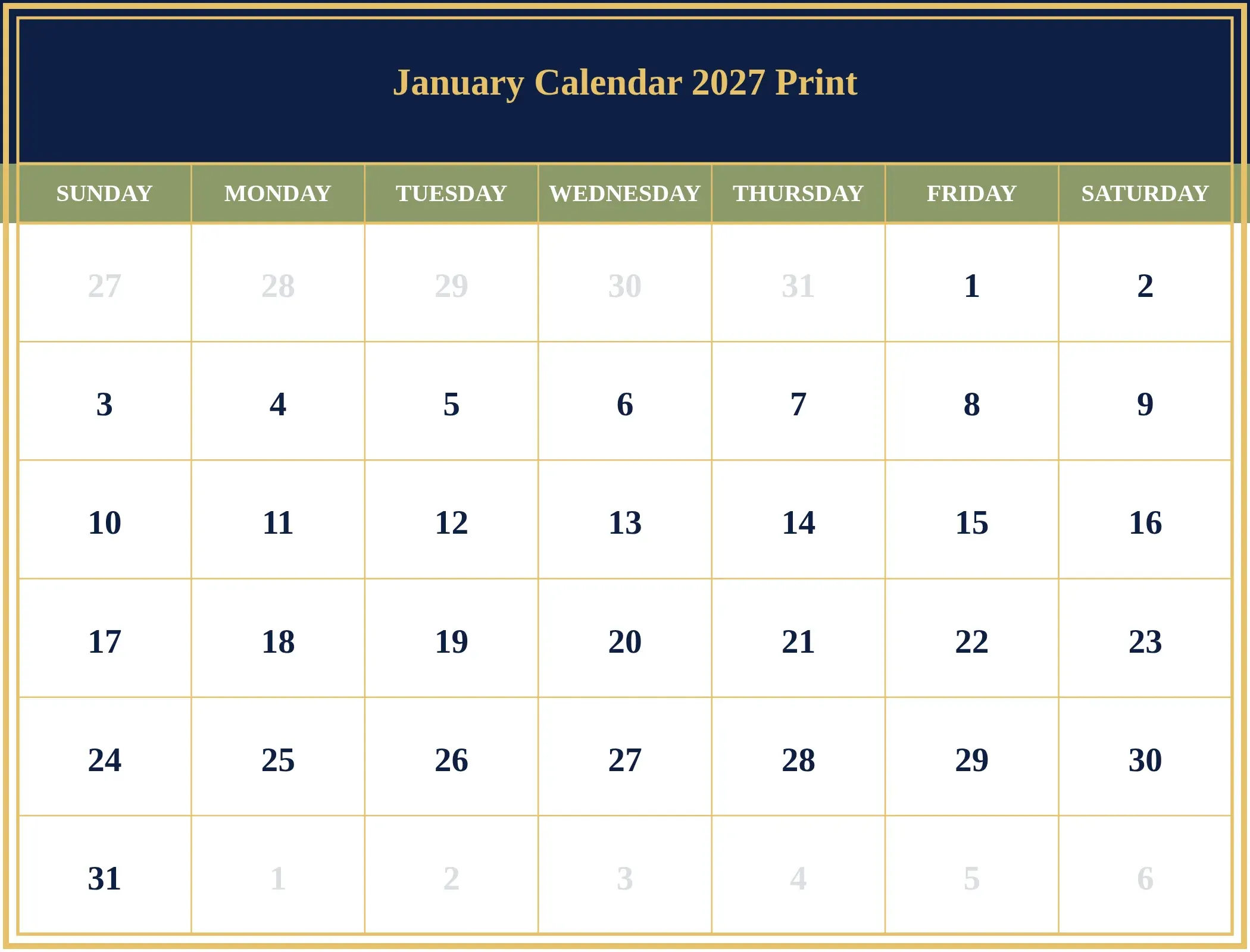 January Calendar 2027 Print Download Landscape
