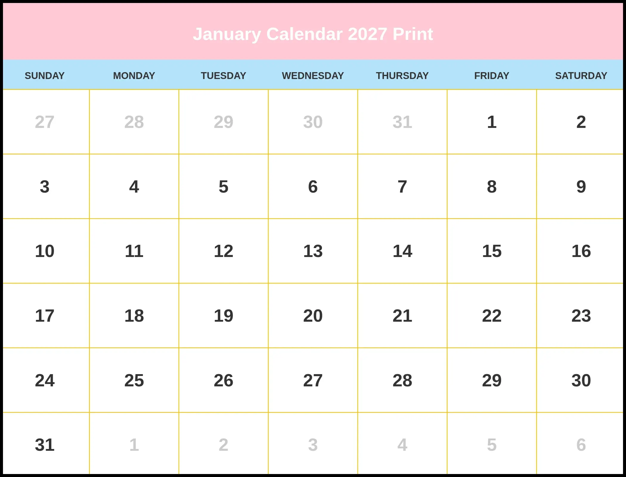 January Calendar 2027 Print Pdf January Calendar 2027 Print Pdf