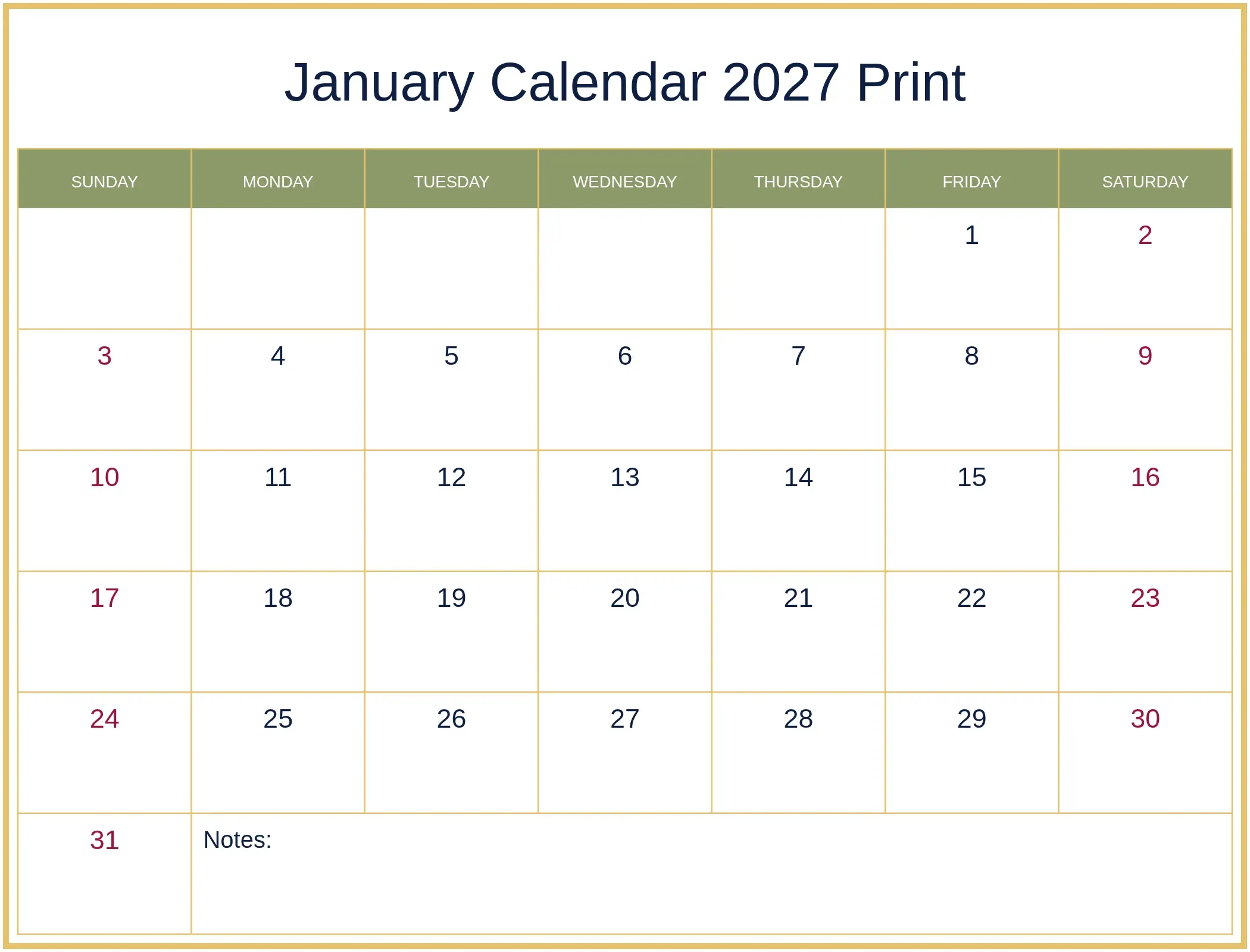 January Calendar 2027 Print with Notes Bottom Landscape January Calendar 2027 Print with Notes Bottom Landscape