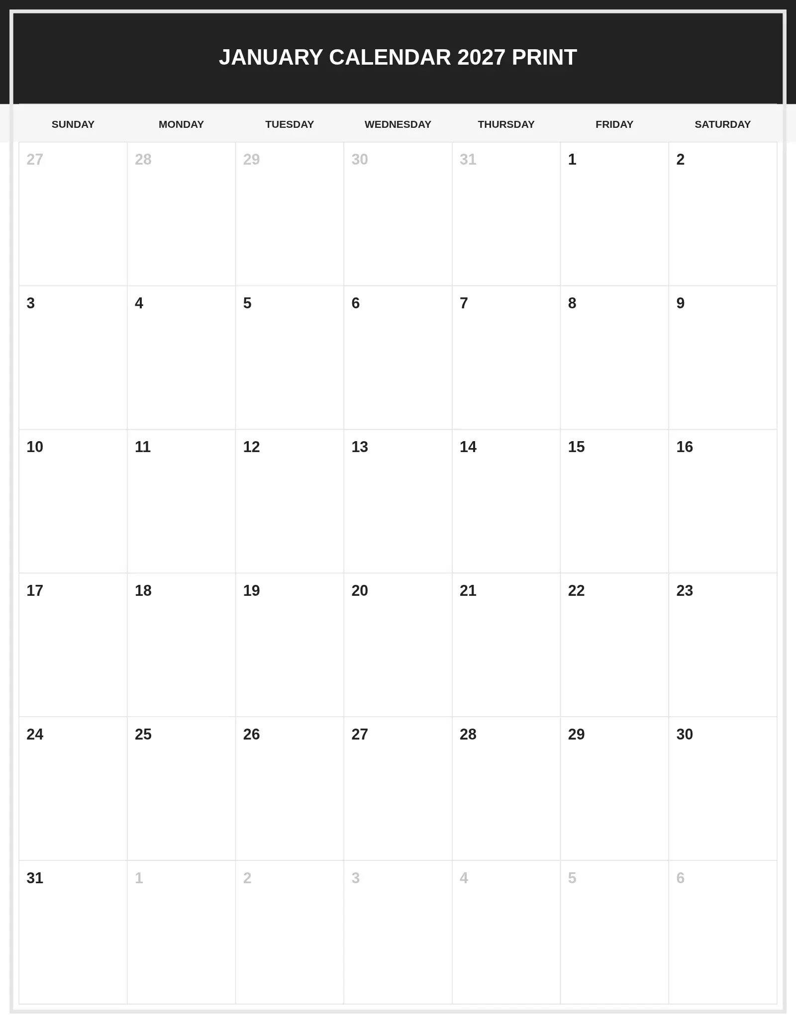January Calendar 2027 Print With Portrait Template