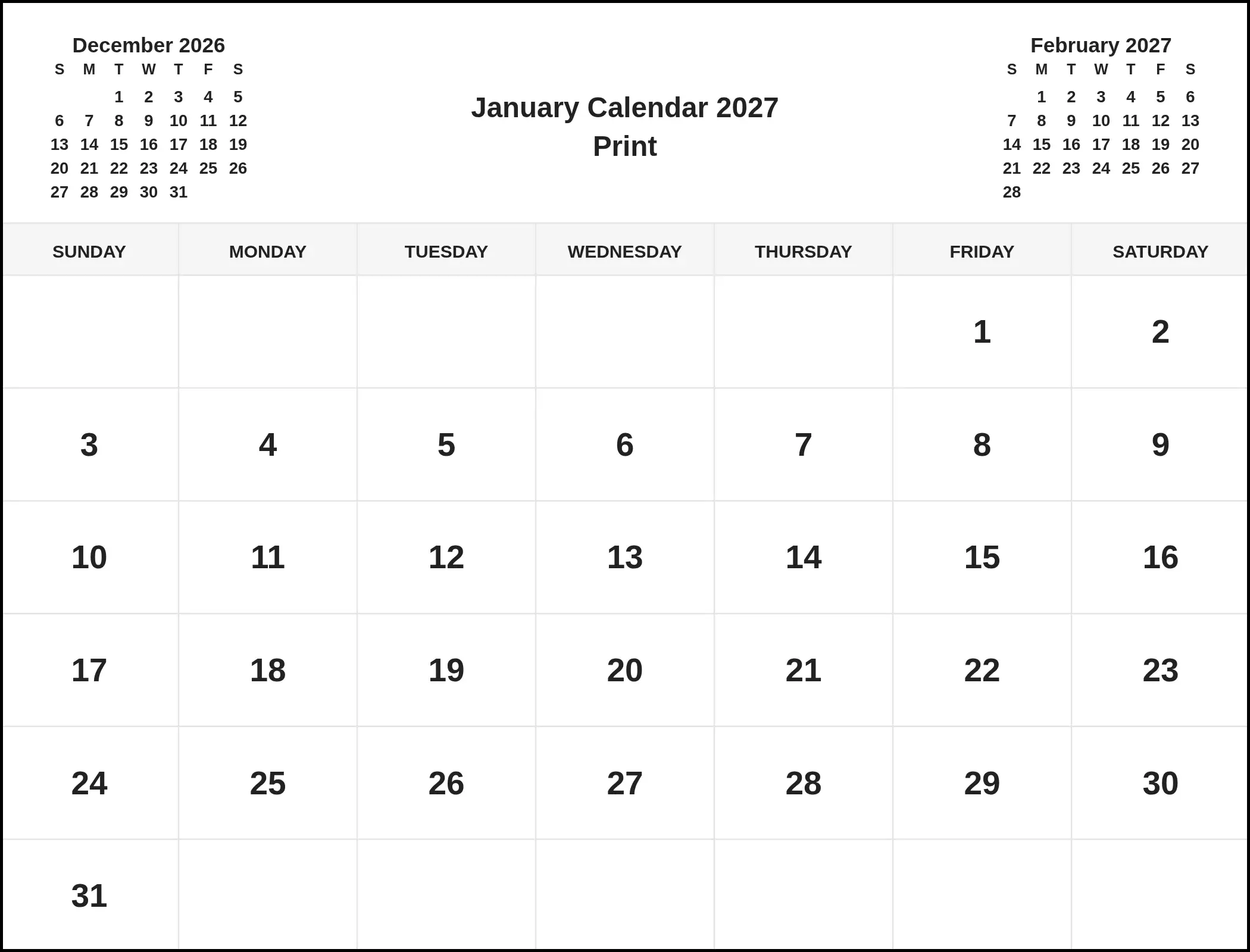 January Calendar 2027 Print With Three Month View January Calendar 2027 Print With Three Month View