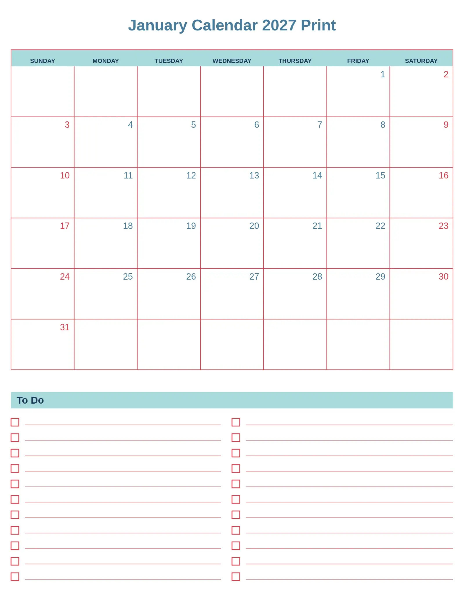 January Calendar 2027 Print With To Do List Bottom Portrait