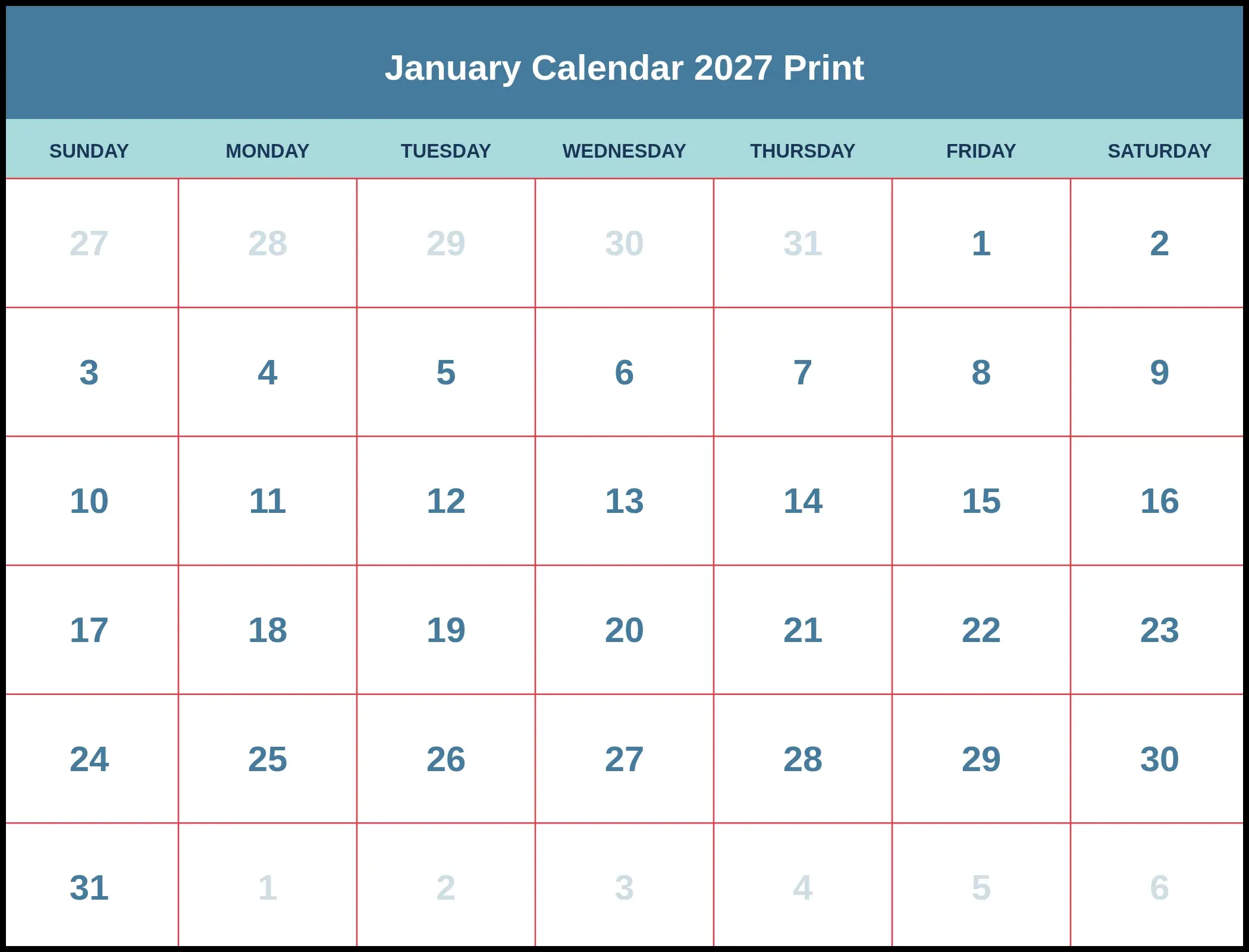 January Calendar 2027 Print
