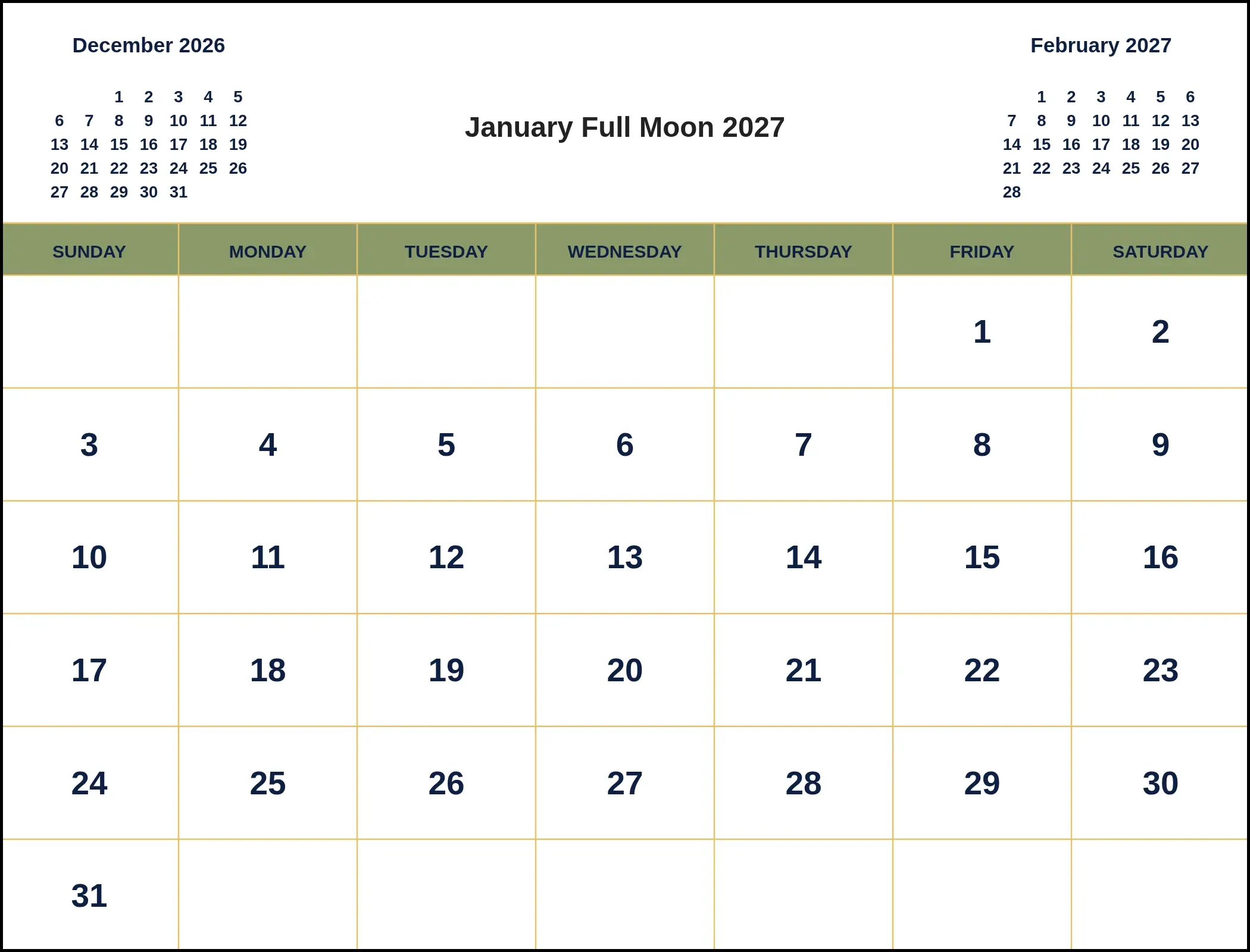 January Full Moon 2027 With Three Month View