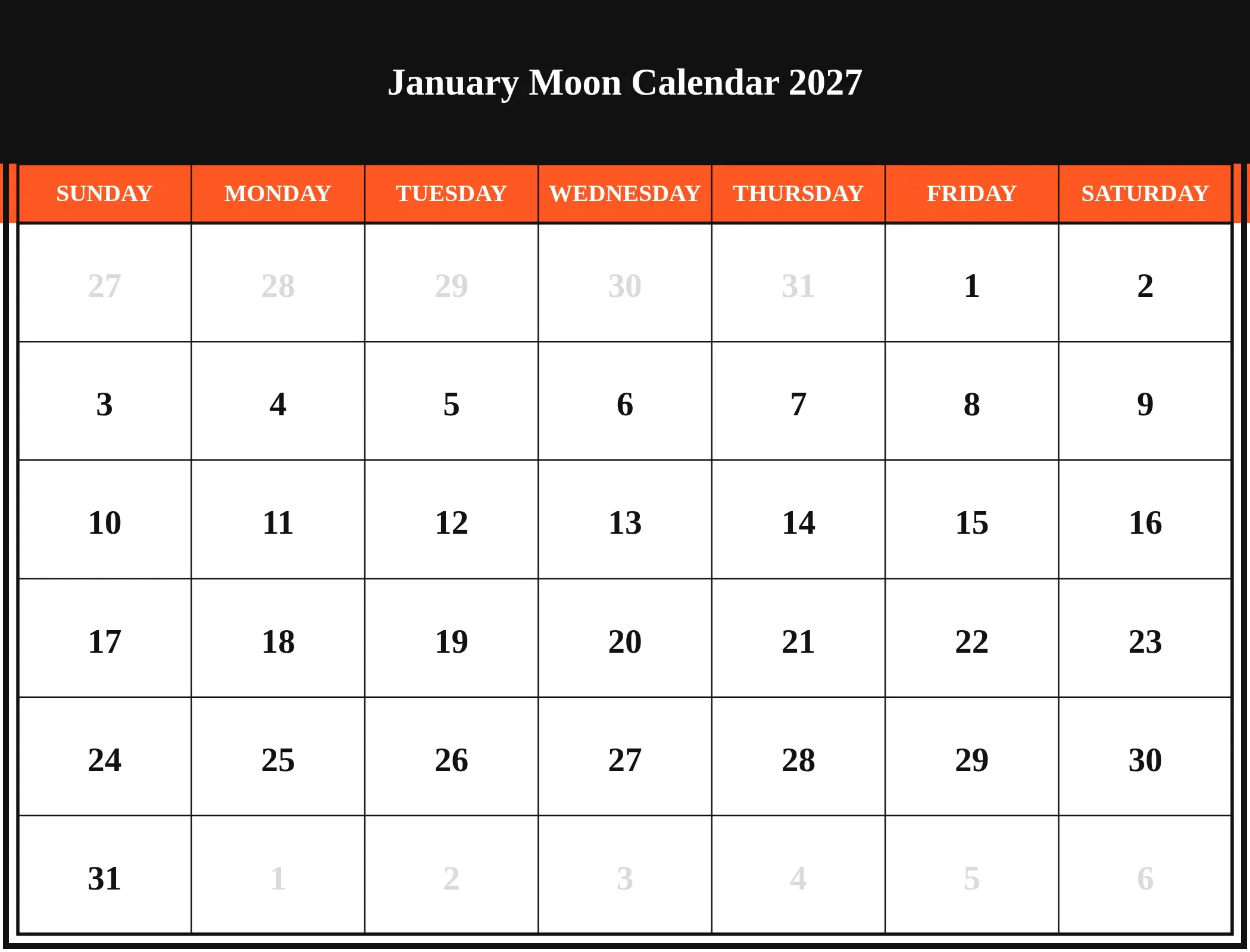 January Moon Calendar 2027 Download Landscape January Moon Calendar 2027 Download Landscape