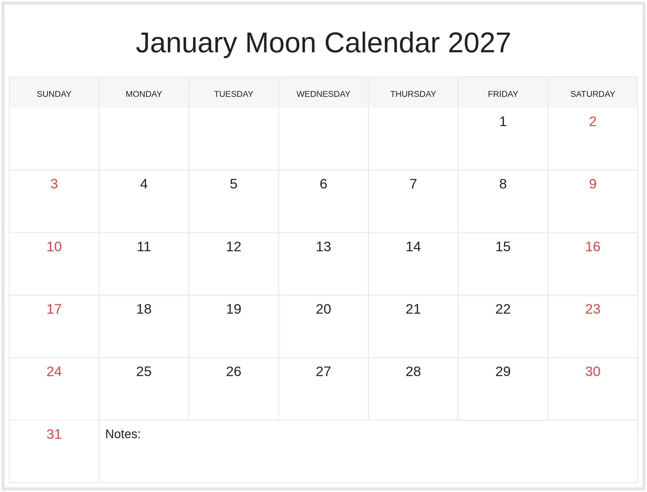 January Moon Calendar 2027 with Notes Bottom Landscape January Moon Calendar 2027 with Notes Bottom Landscape