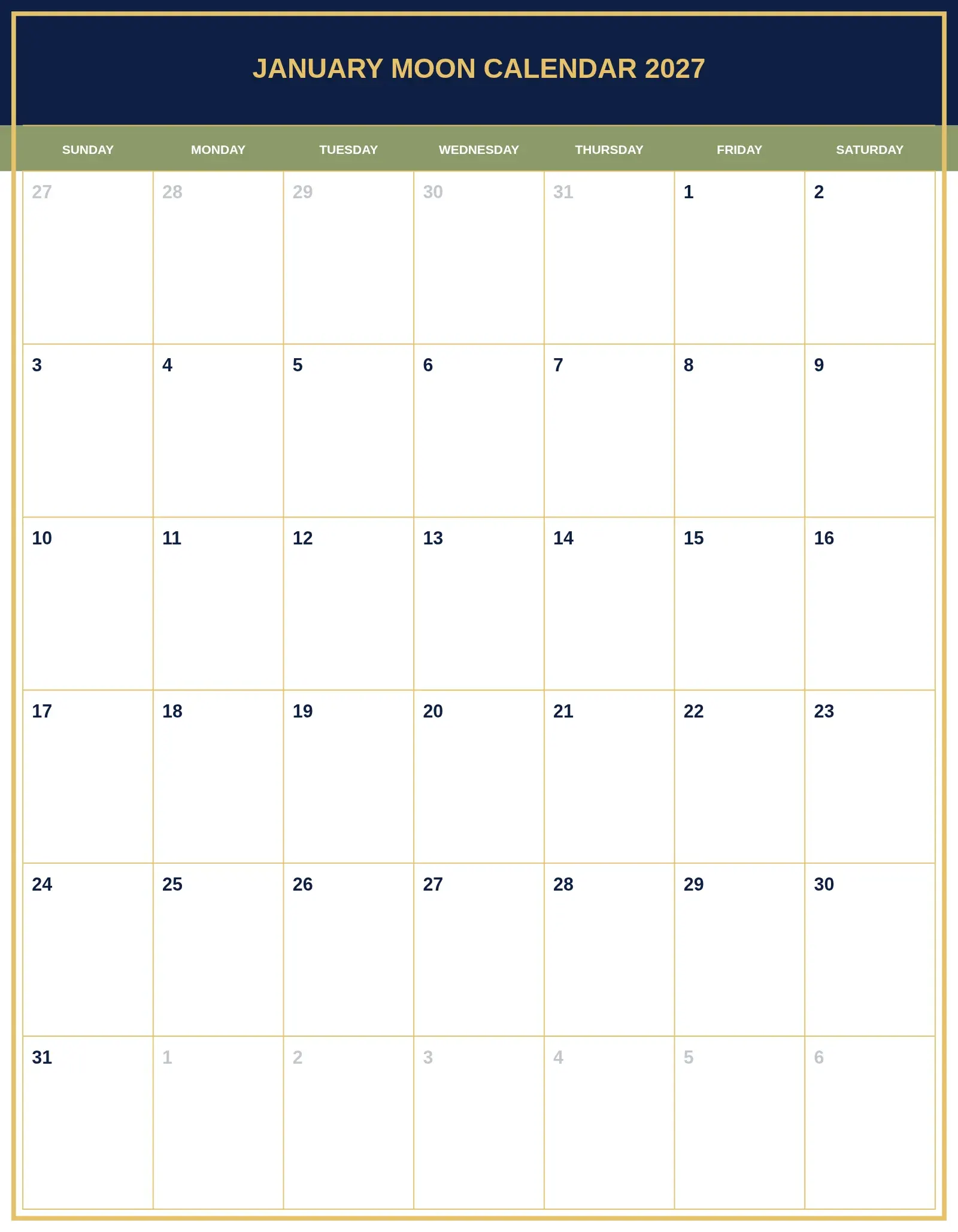 January Moon Calendar 2027 With Portrait Template