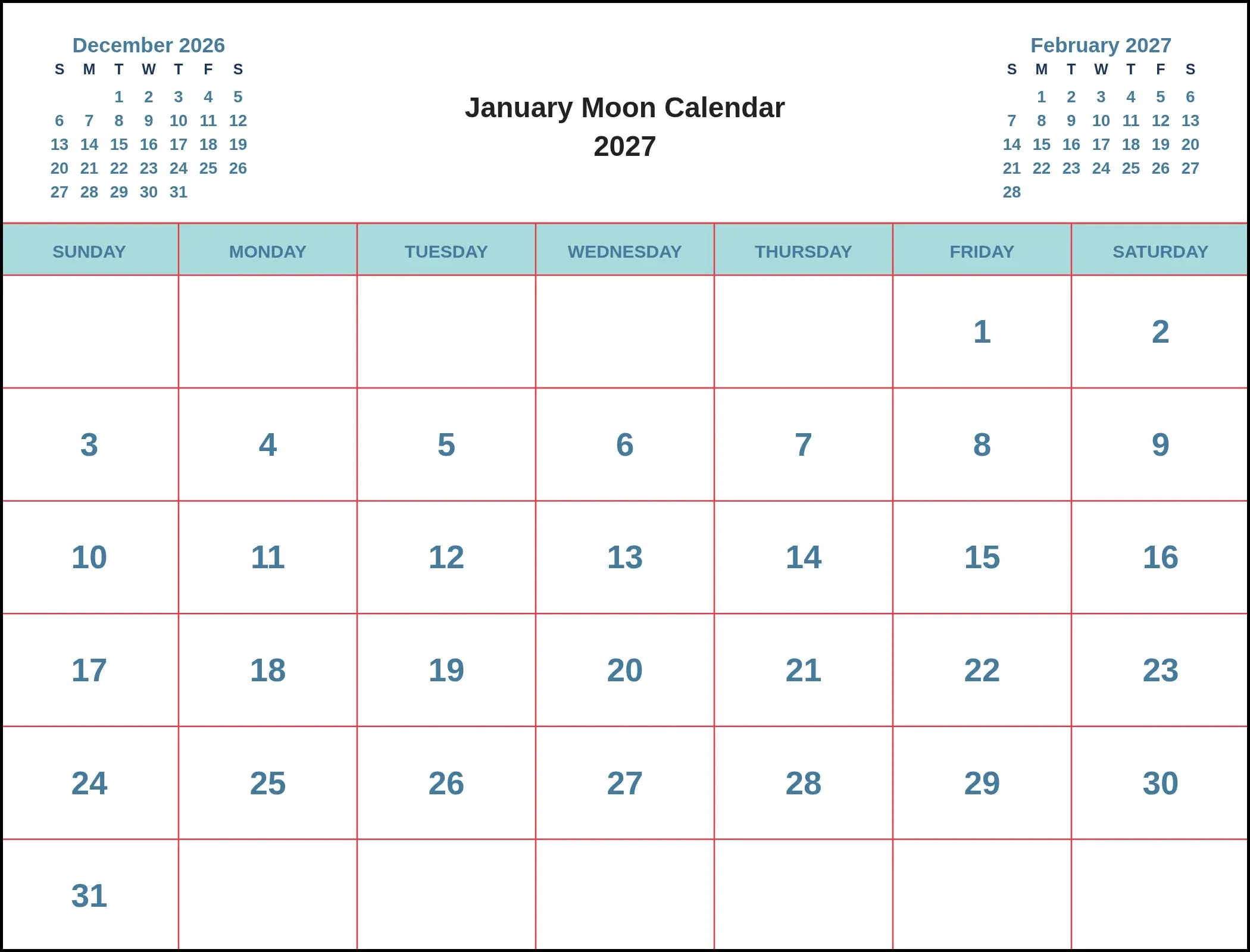 January Moon Calendar 2027 With Three Month View January Moon Calendar 2027 With Three Month View