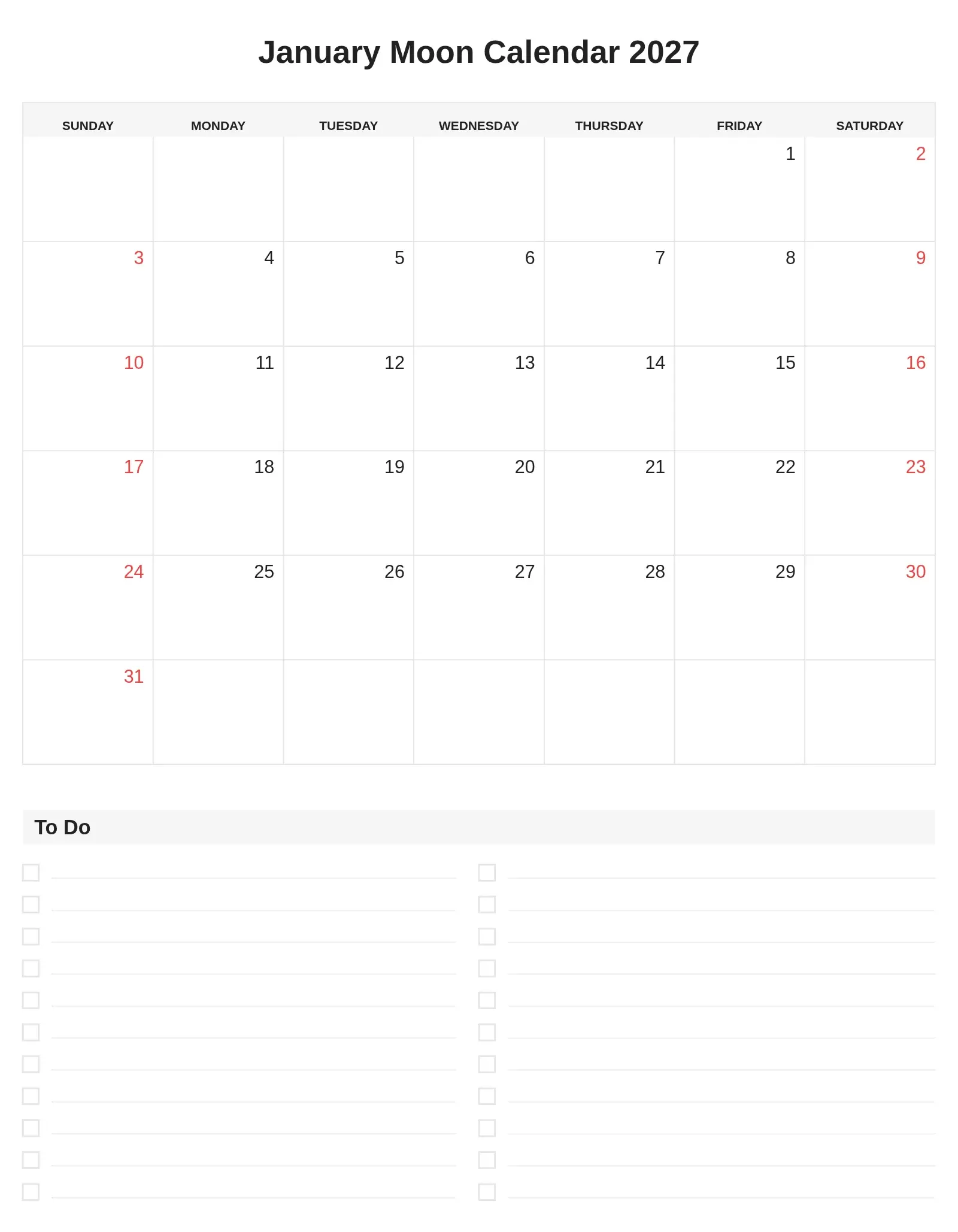 January Moon Calendar 2027 With To Do List Bottom Portrait January Moon Calendar 2027 With To Do List Bottom Portrait