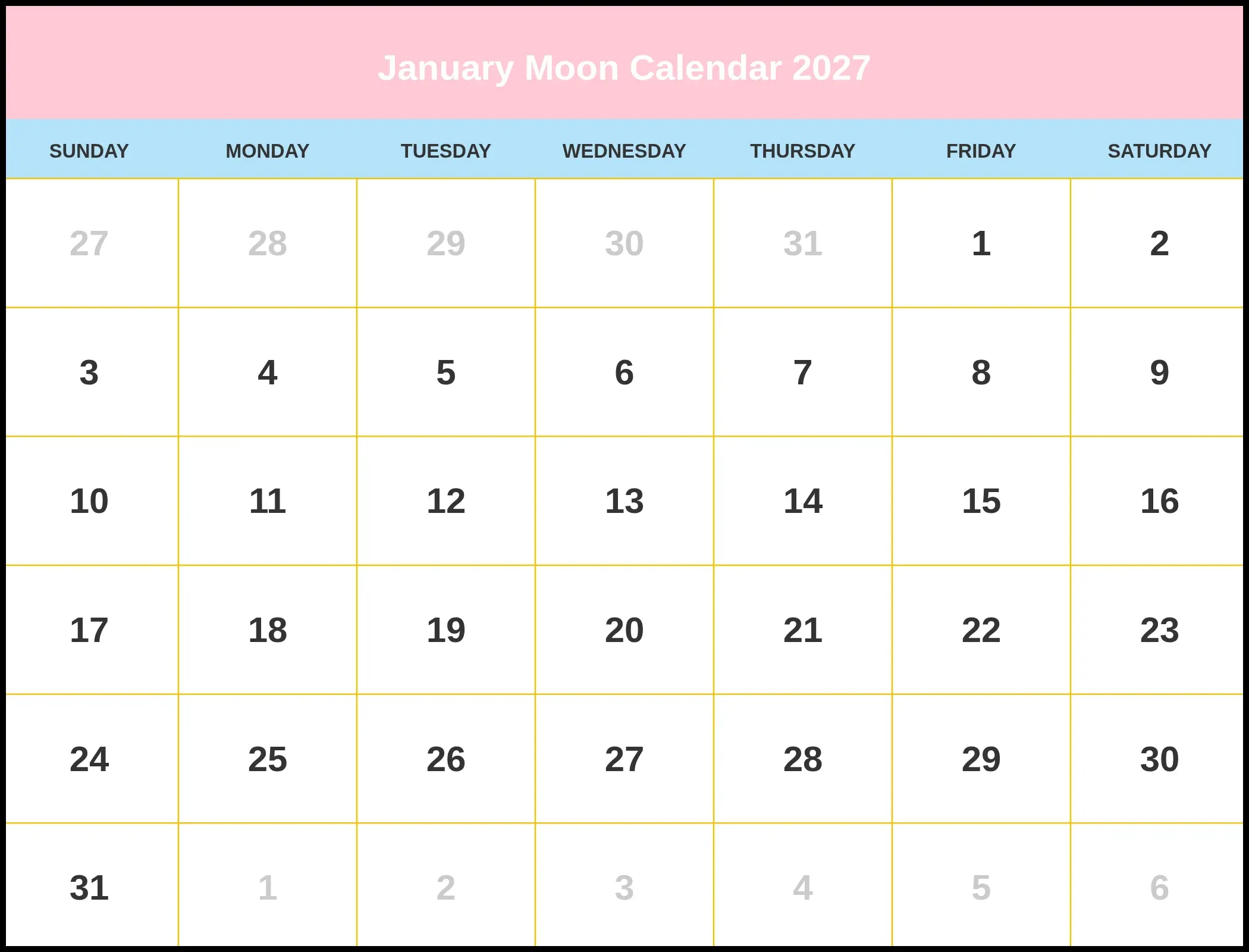 January Moon Calendar 2027