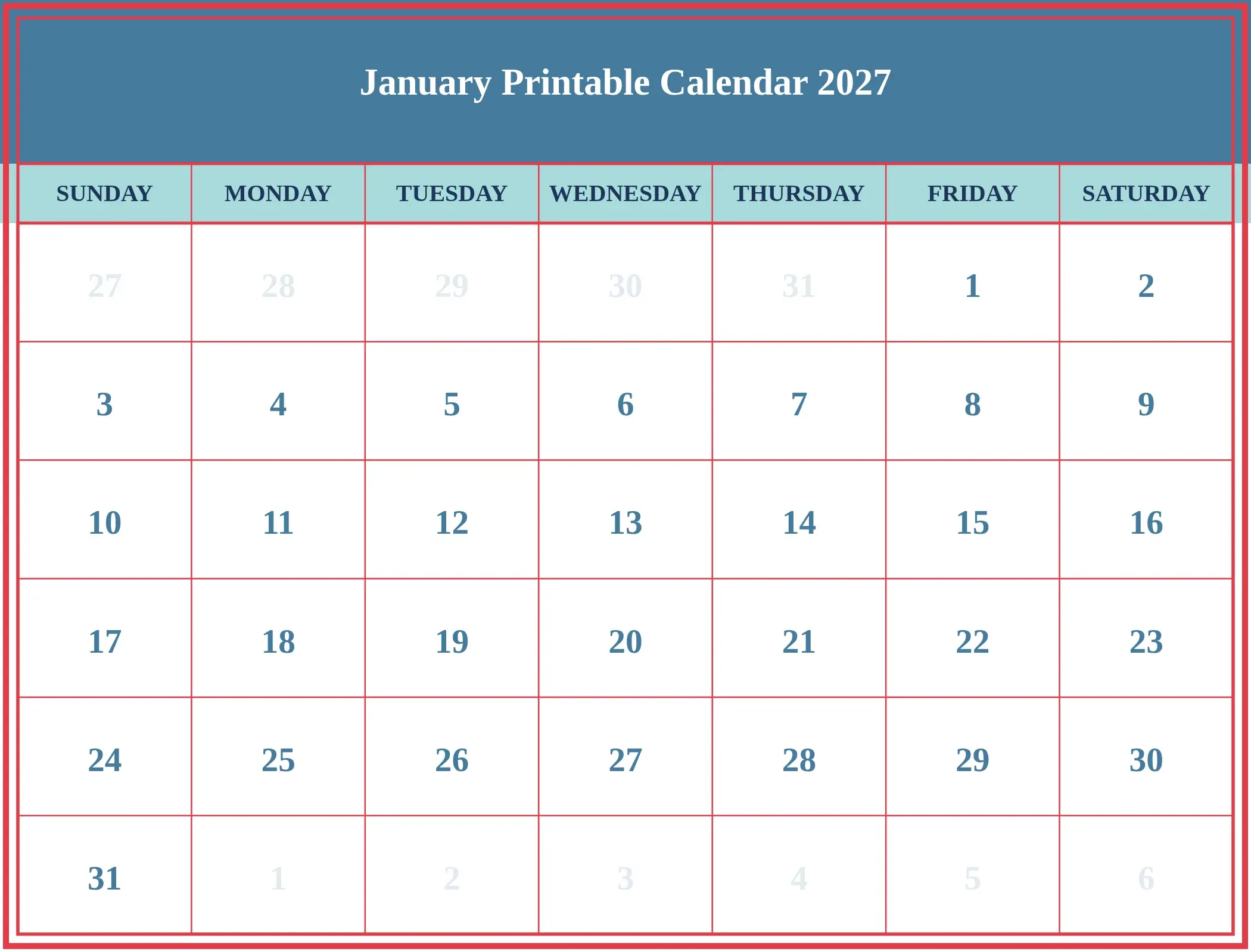 January Printable Calendar 2027 Download Landscape