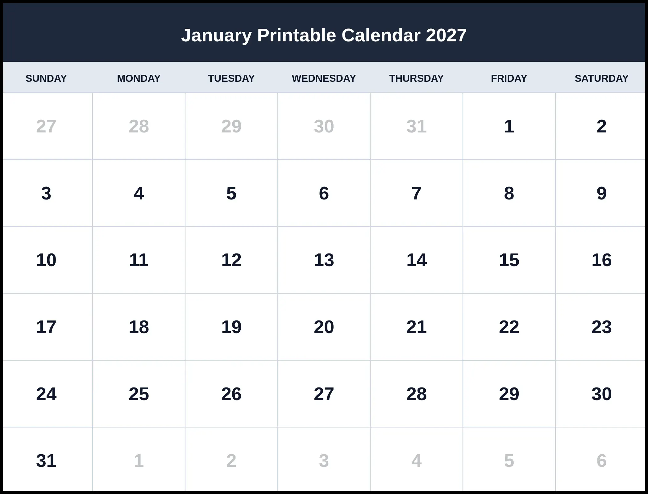 January Printable Calendar 2027 Pdf