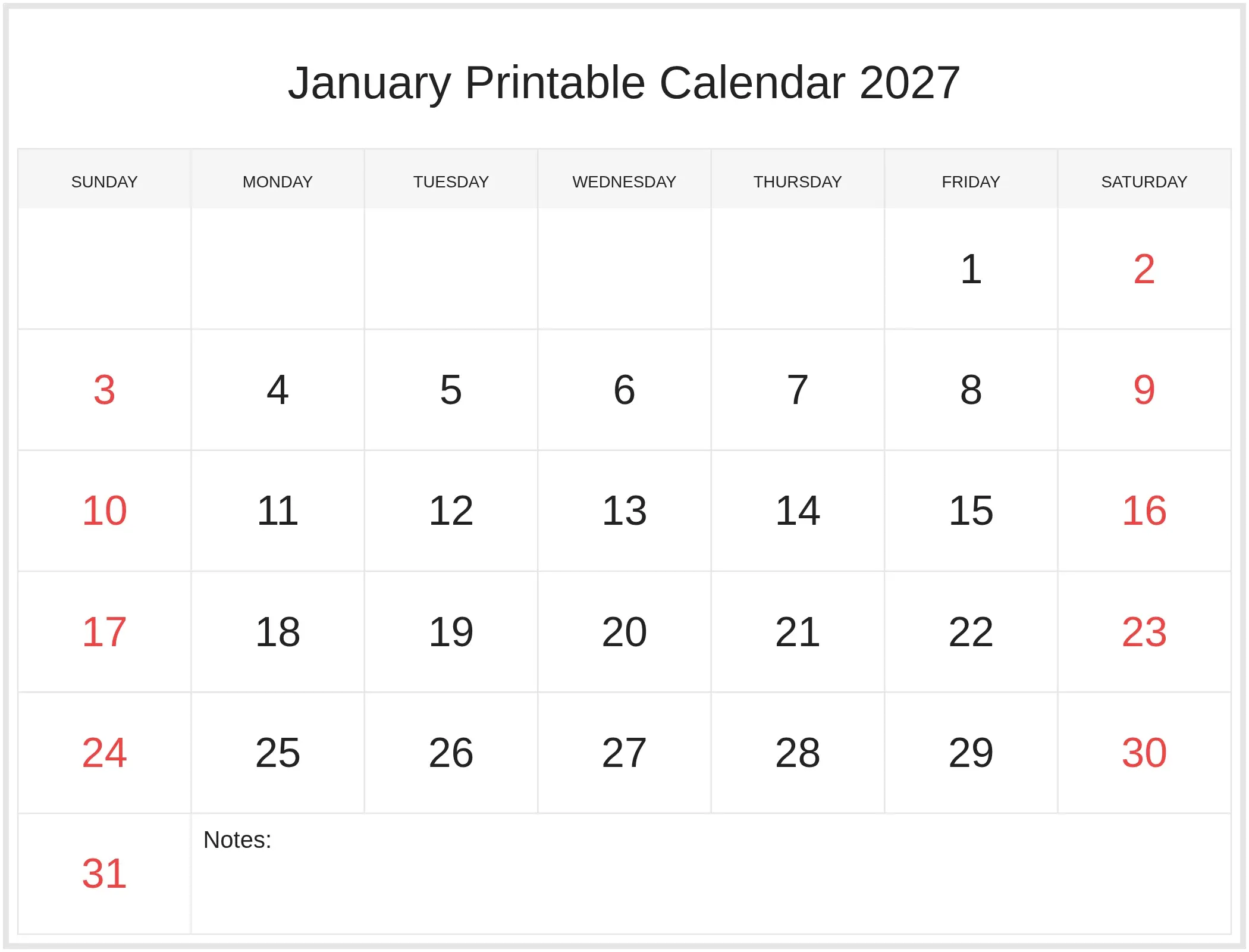 January Printable Calendar 2027 with Notes Bottom Landscape January Printable Calendar 2027 with Notes Bottom Landscape