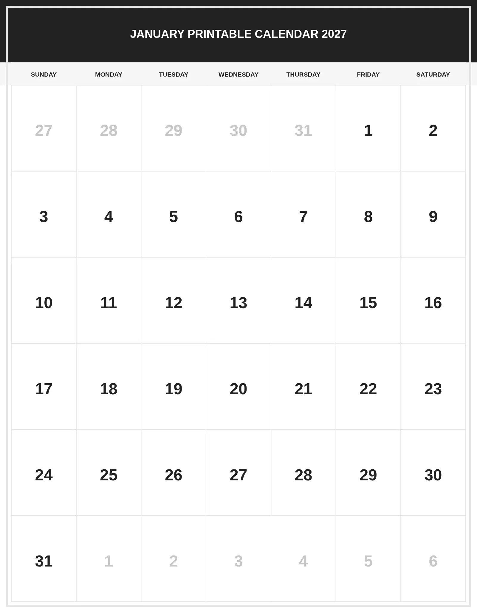 January Printable Calendar 2027 With Portrait Template January Printable Calendar 2027 With Portrait Template