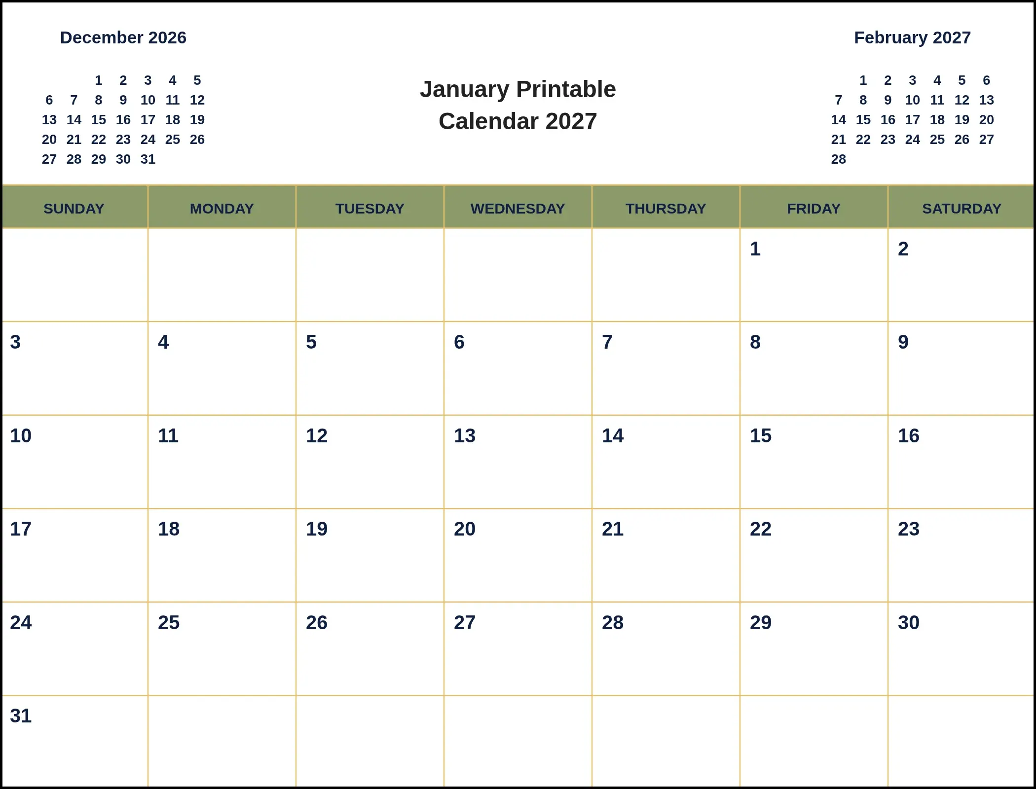 January Printable Calendar 2027 With Three Month View January Printable Calendar 2027 With Three Month View