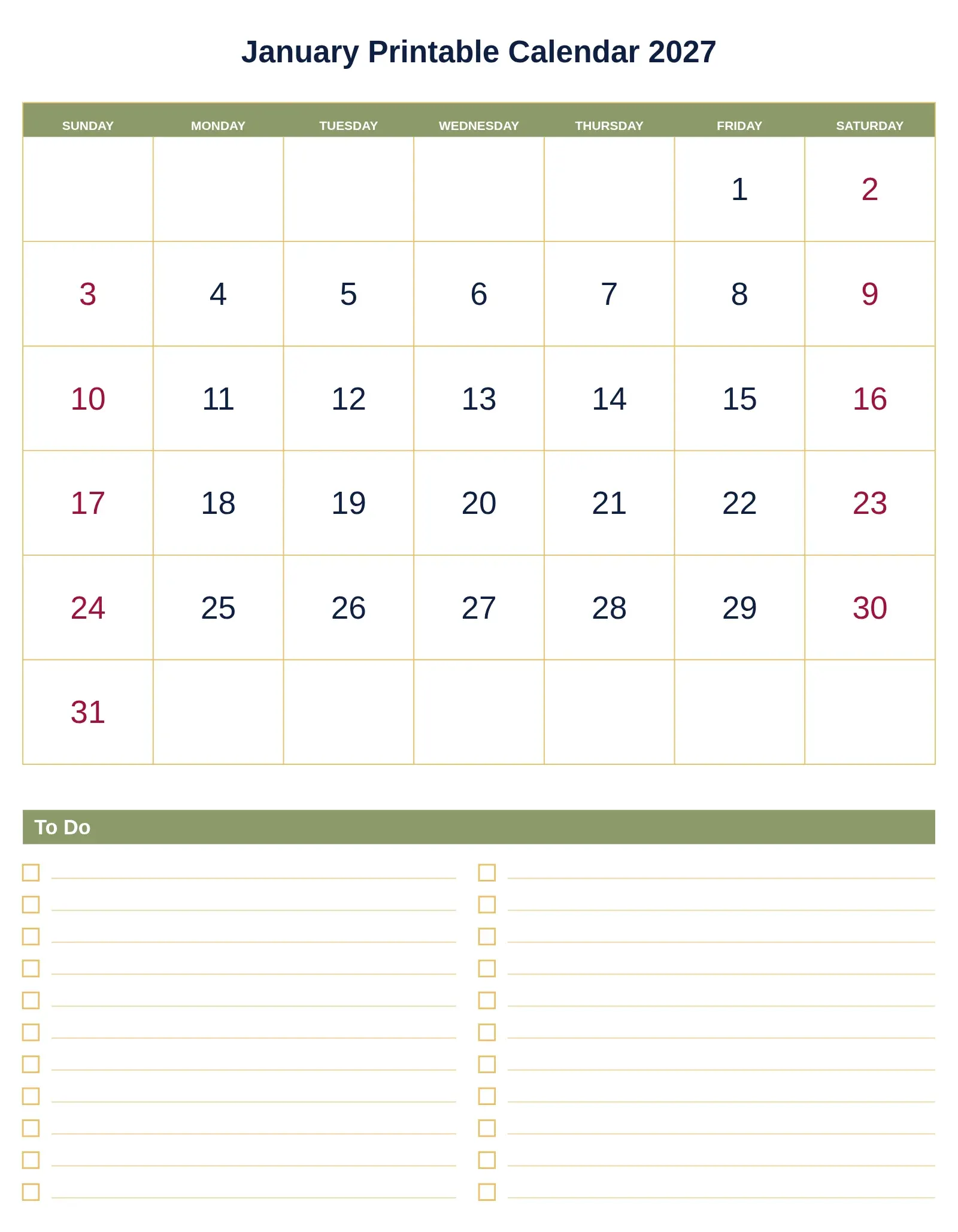 January Printable Calendar 2027 With To Do List Bottom Portrait January Printable Calendar 2027 With To Do List Bottom Portrait