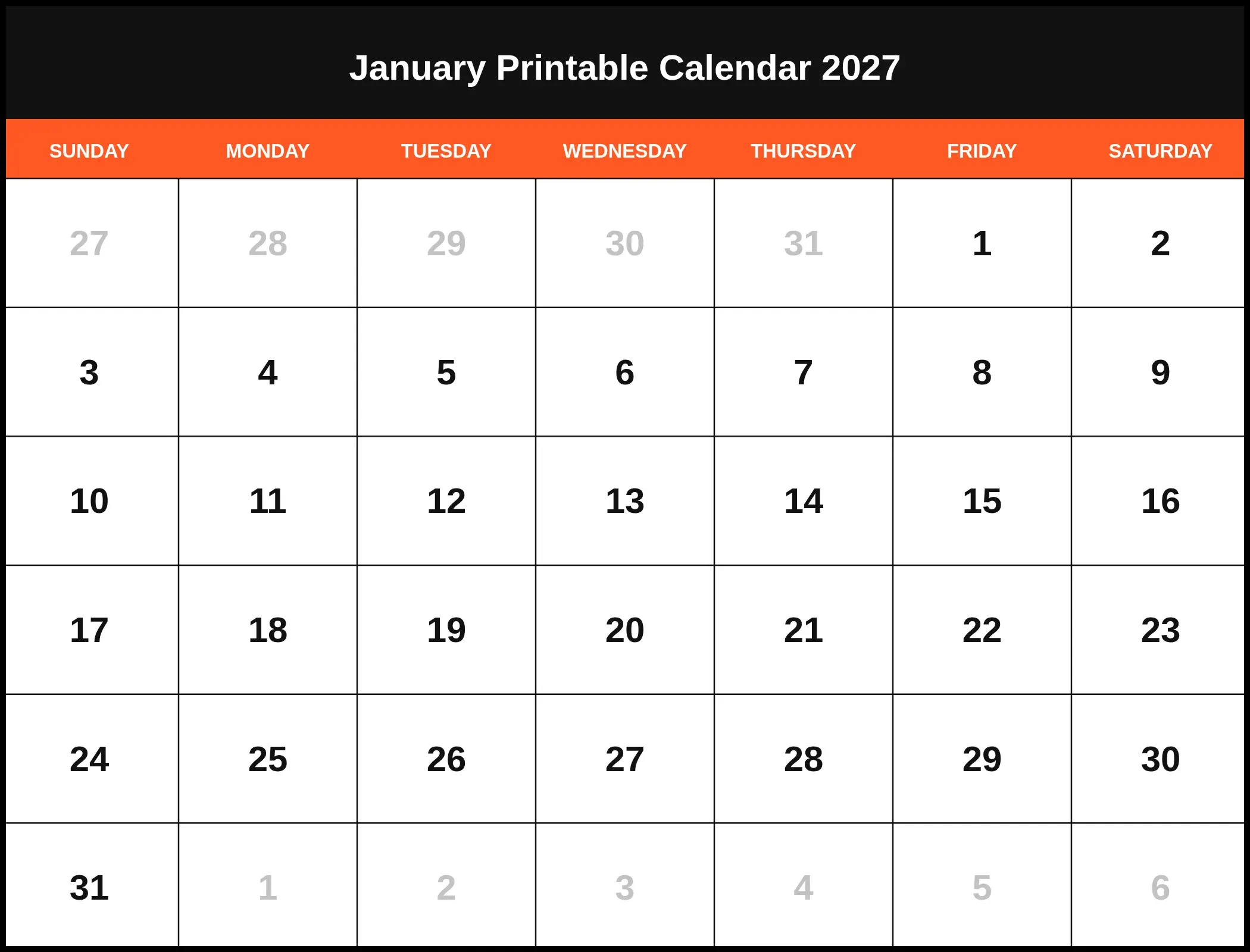 January Printable Calendar 2027 January Printable Calendar 2027