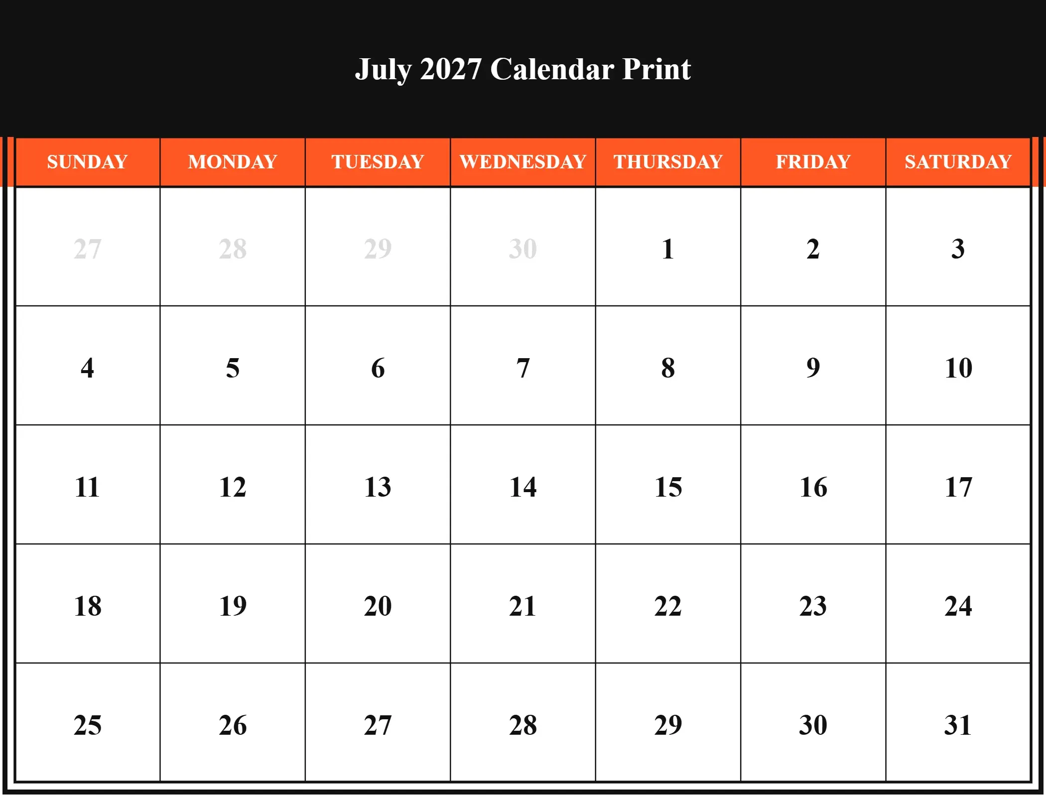 July 2027 Calendar Print Download Landscape July 2027 Calendar Print Download Landscape