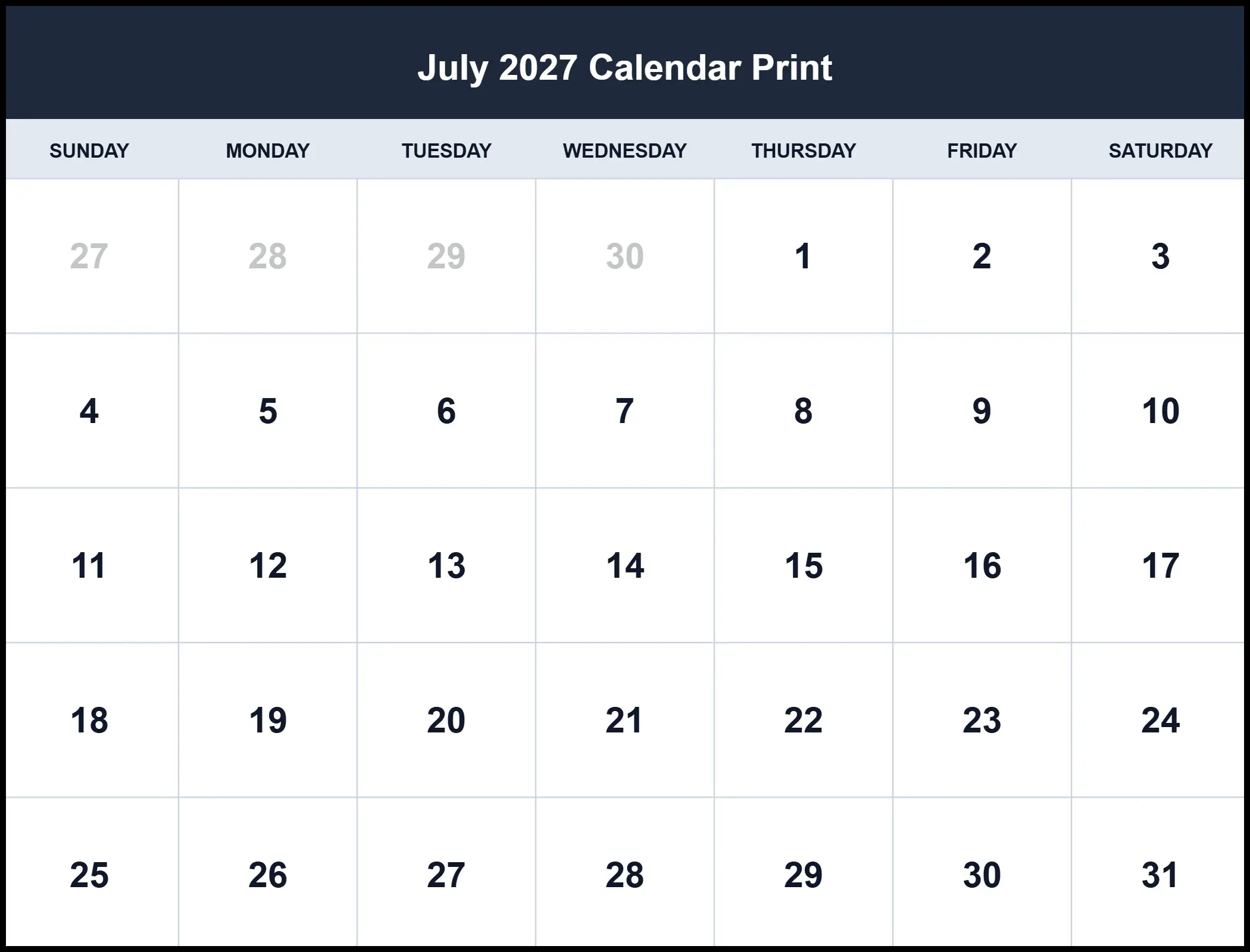 July 2027 Calendar Print Pdf July 2027 Calendar Print Pdf
