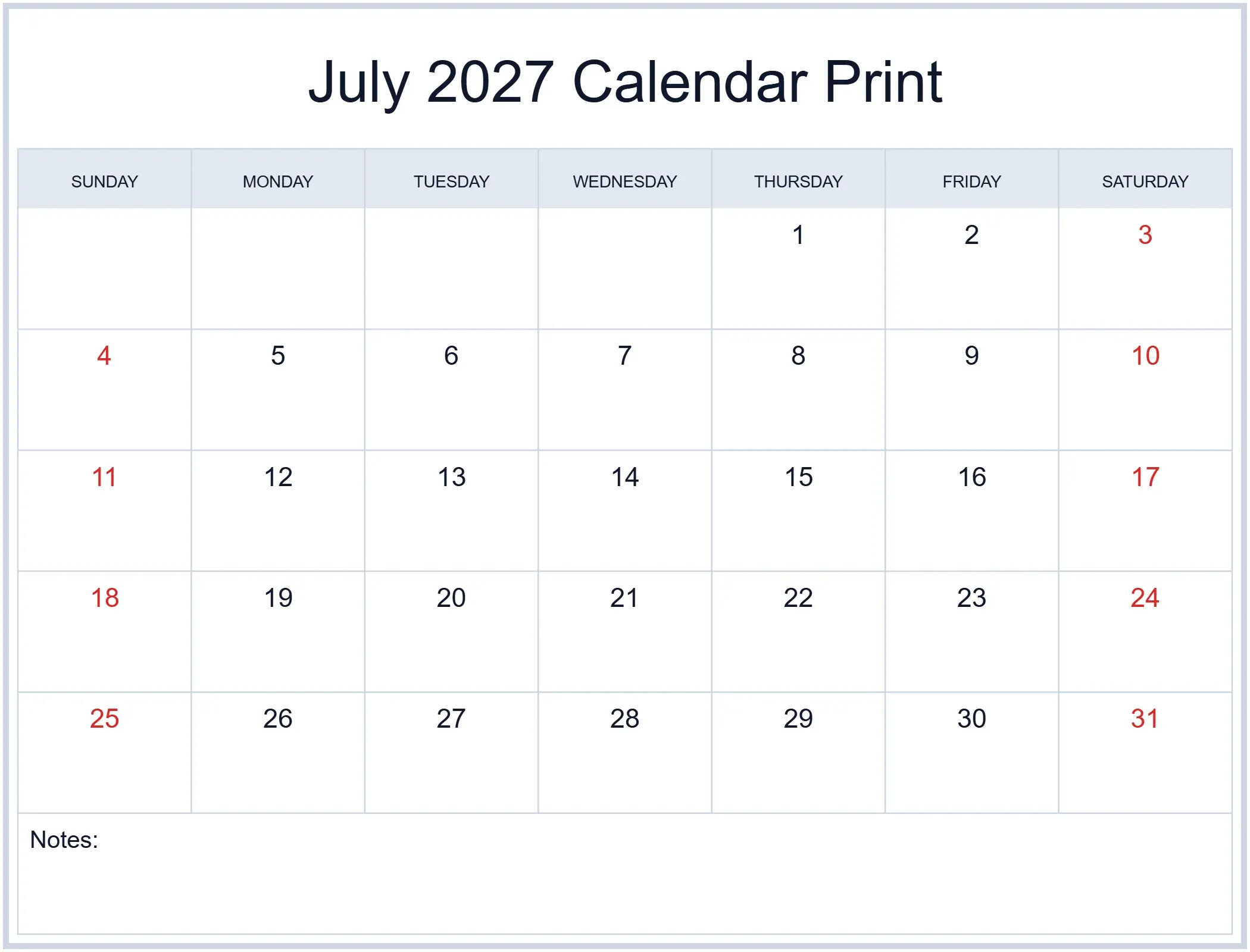 July 2027 Calendar Print with Notes Bottom Landscape July 2027 Calendar Print with Notes Bottom Landscape