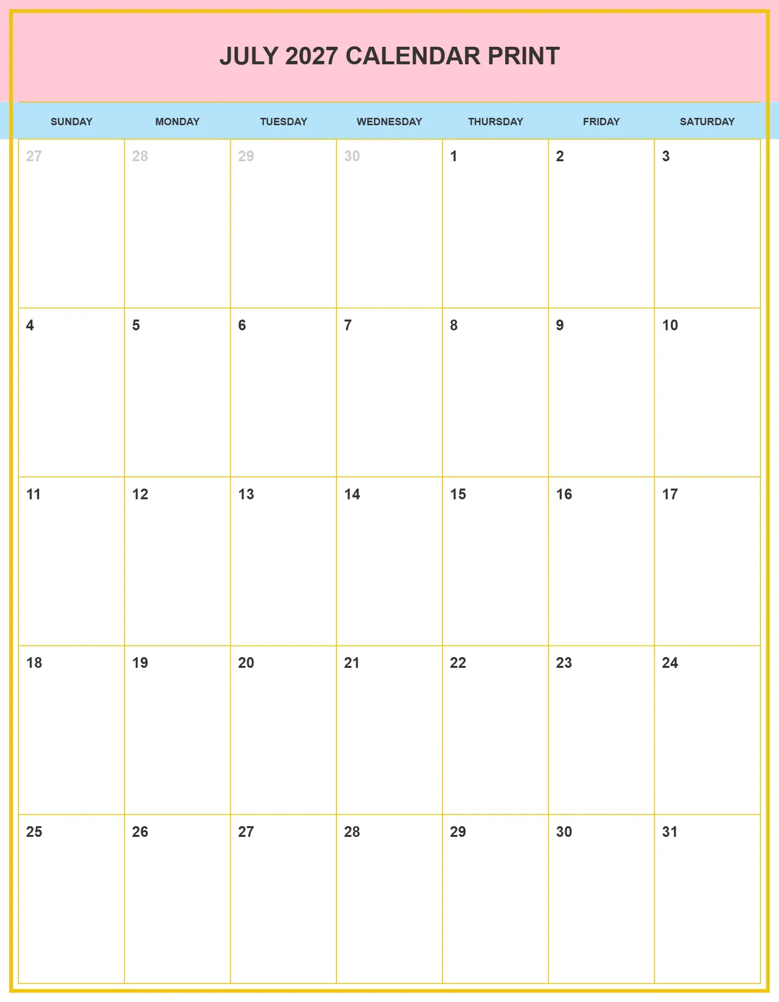 July 2027 Calendar Print With Portrait Template