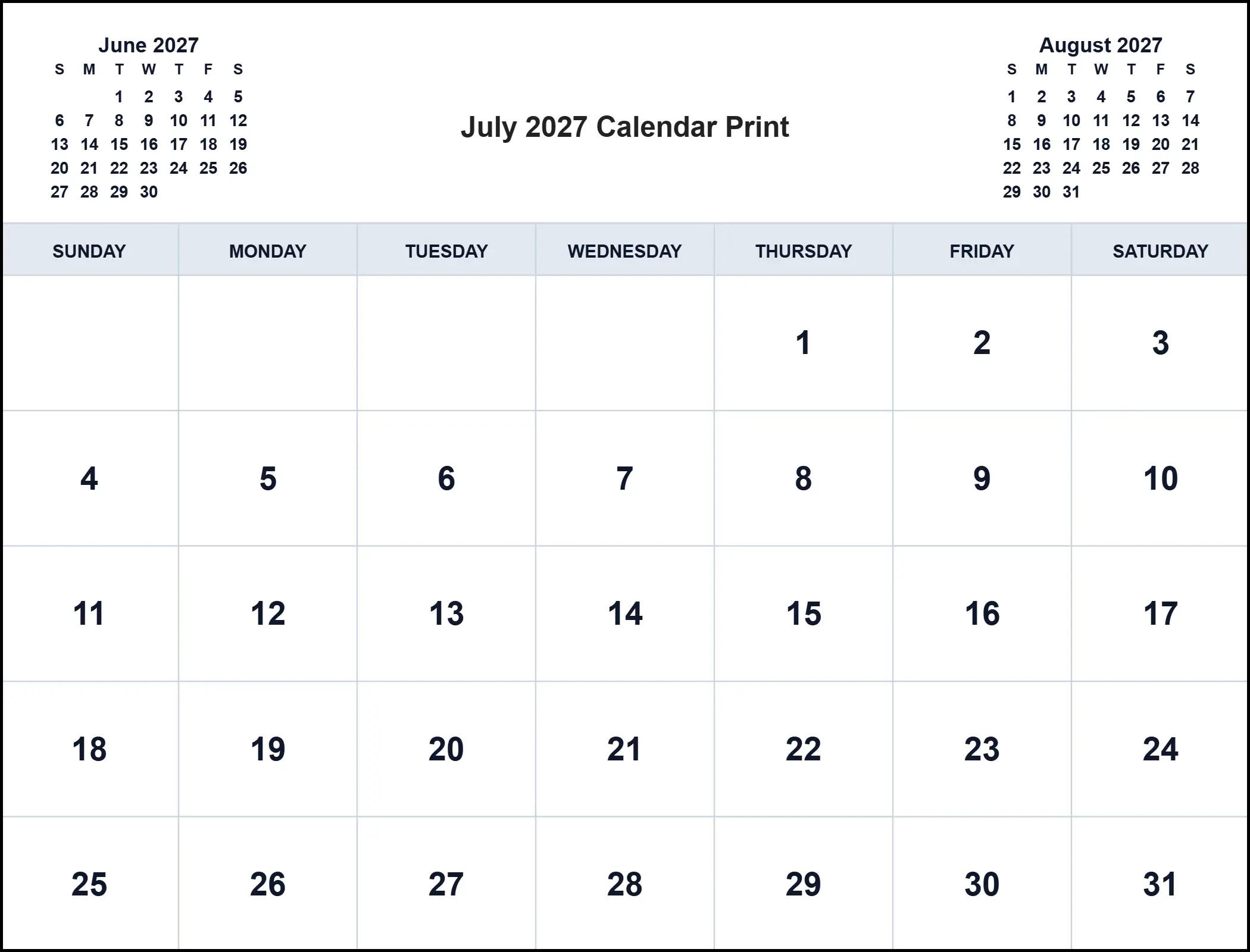 July 2027 Calendar Print With Three Month View