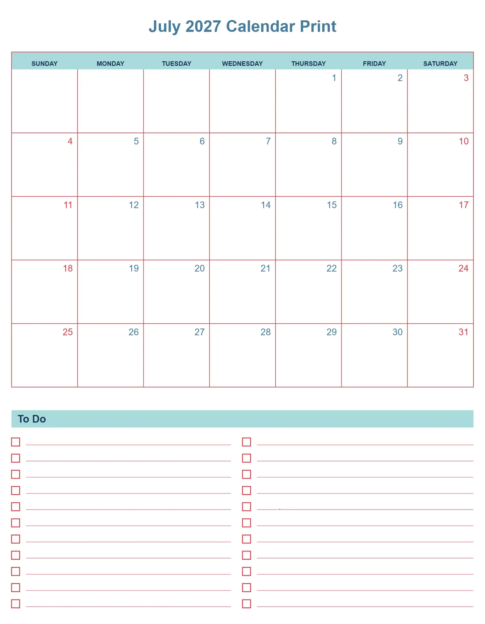 July 2027 Calendar Print With To Do List Bottom Portrait July 2027 Calendar Print With To Do List Bottom Portrait