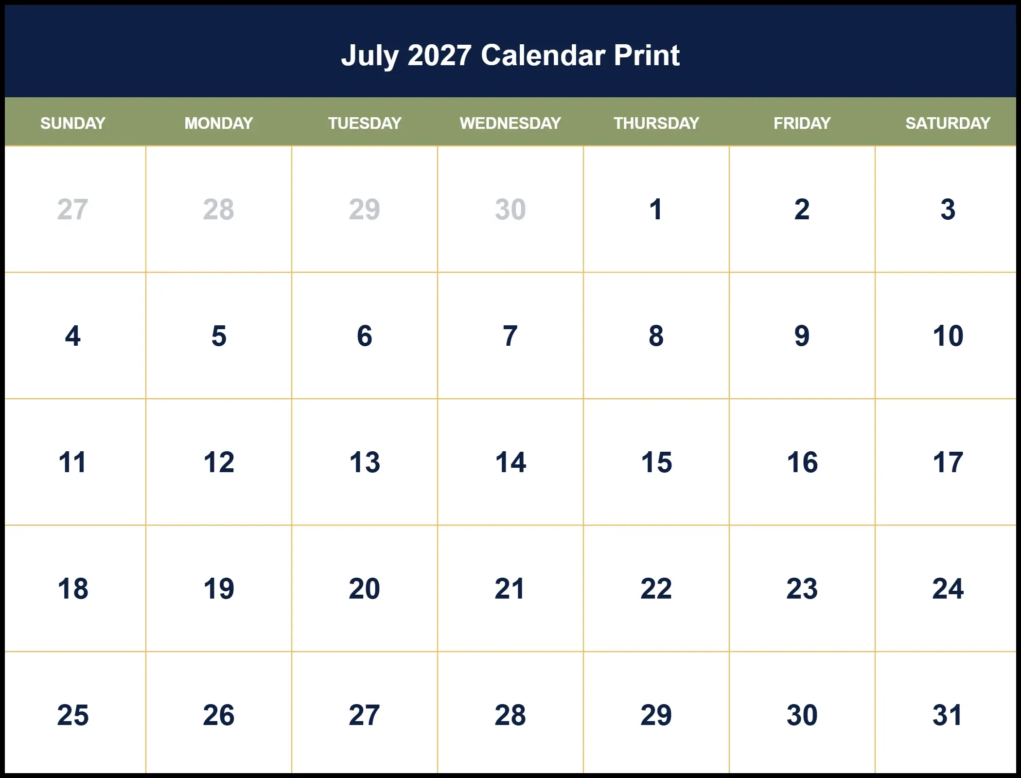 July 2027 Calendar Print