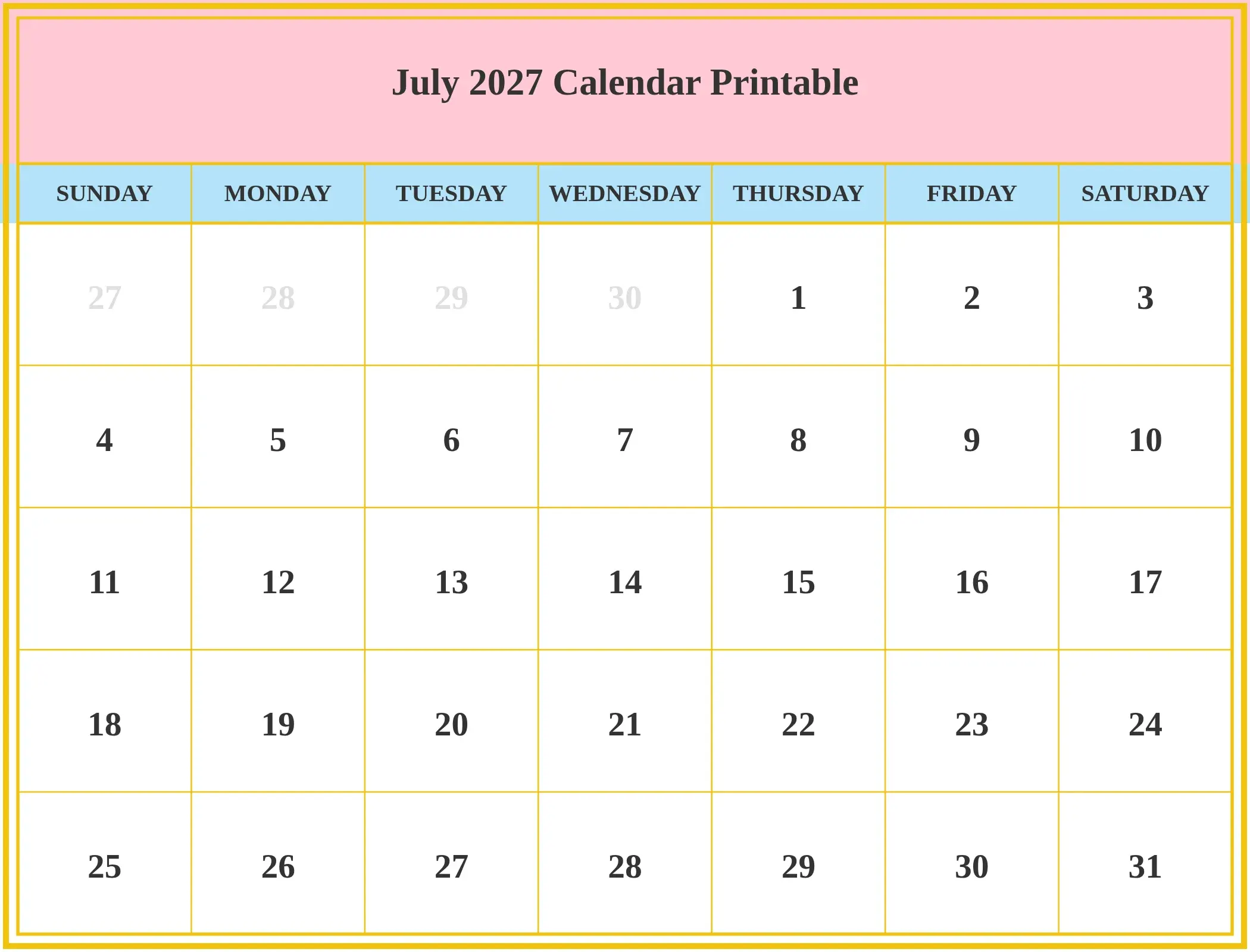 July 2027 Calendar Printable Download Landscape