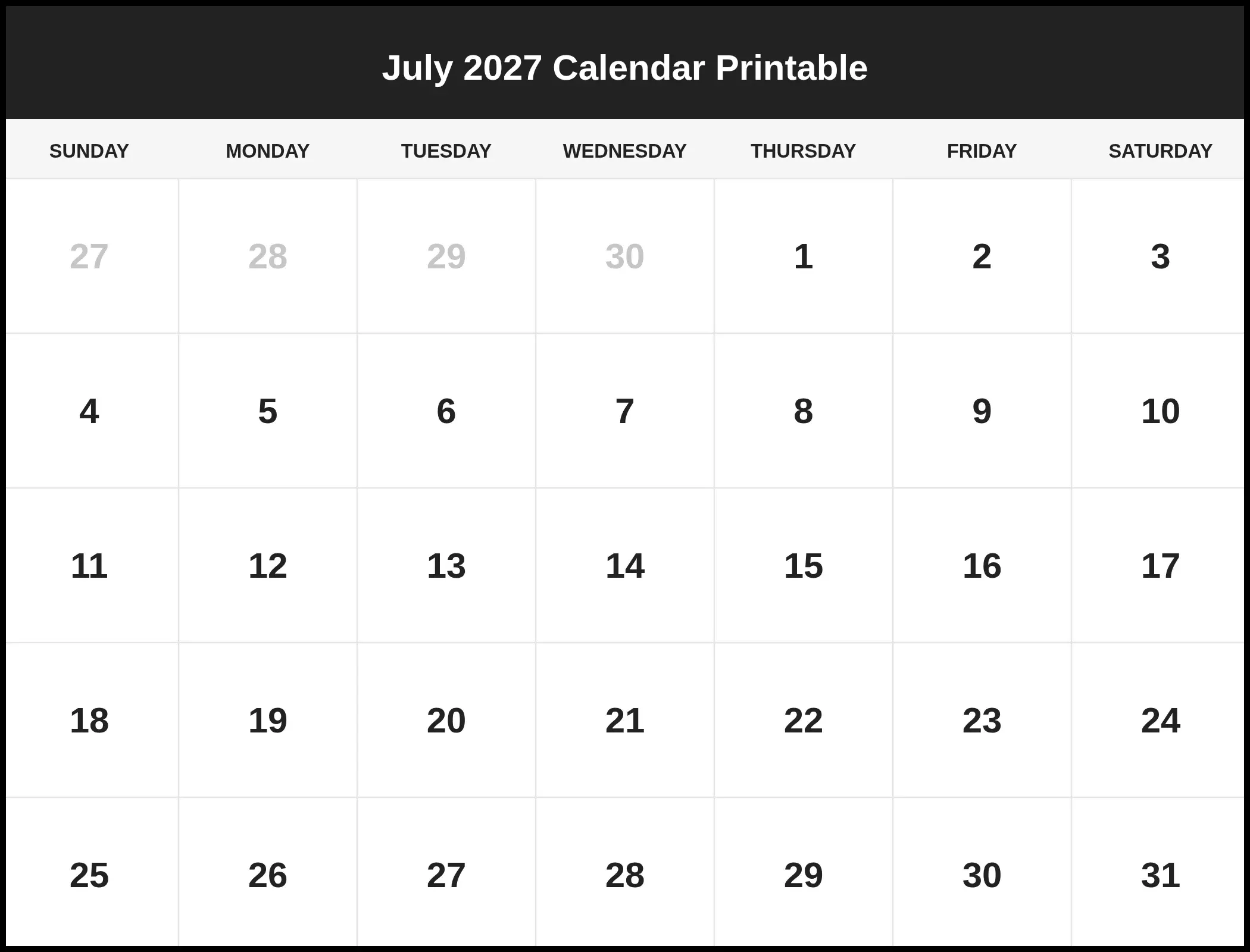 July 2027 Calendar Printable Pdf July 2027 Calendar Printable Pdf