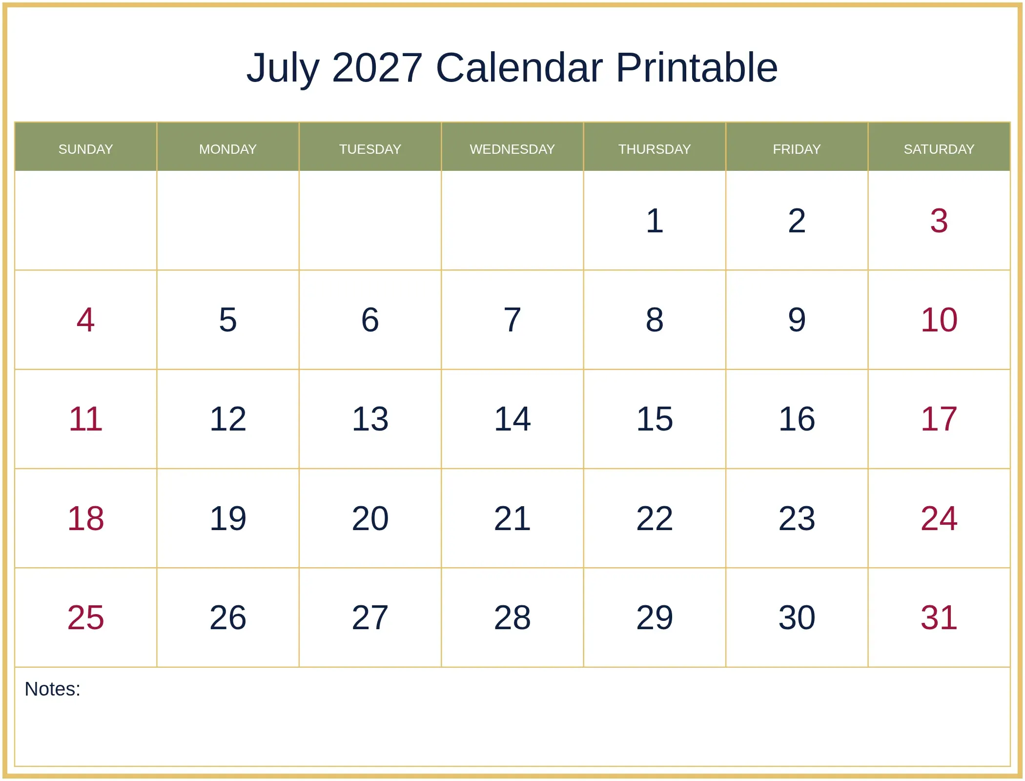 July 2027 Calendar Printable with Notes Bottom Landscape July 2027 Calendar Printable with Notes Bottom Landscape