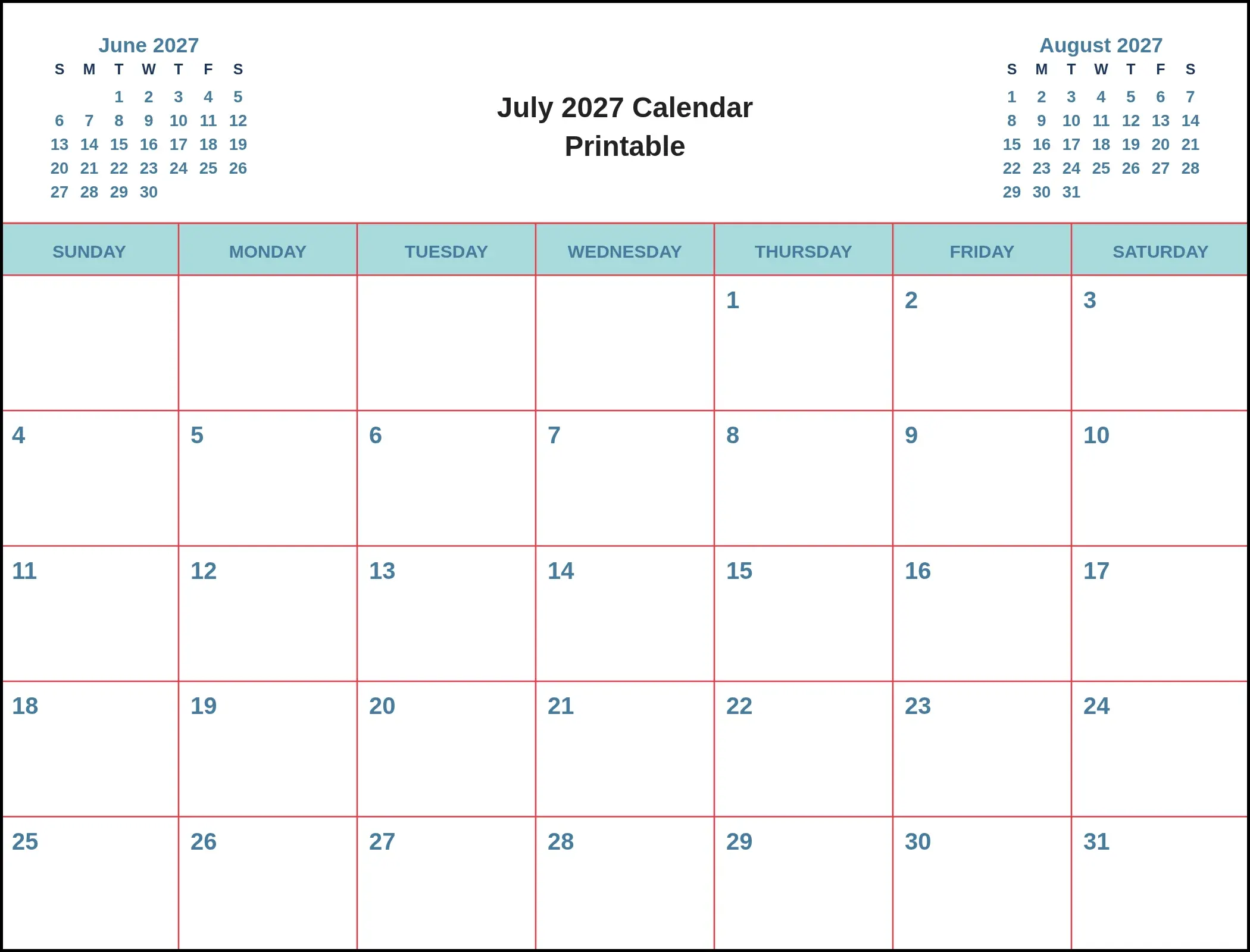 July 2027 Calendar Printable With Three Month View July 2027 Calendar Printable With Three Month View