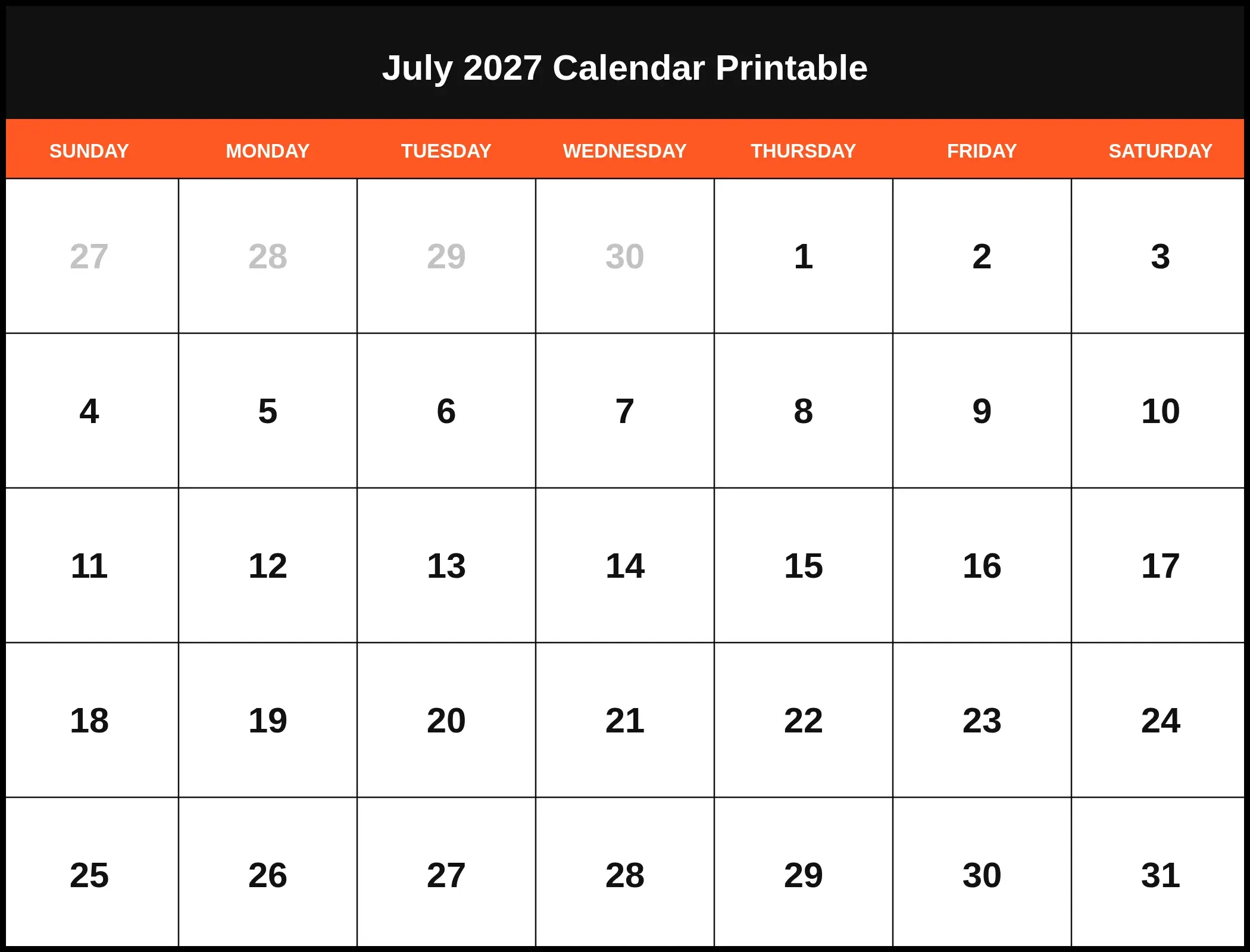 July 2027 Calendar Printable