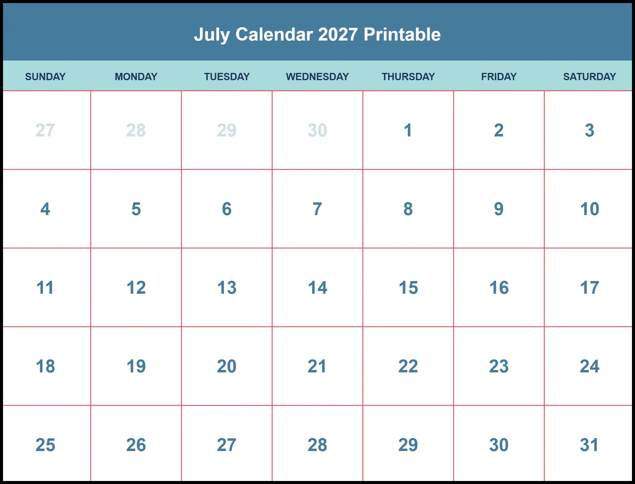 July Calendar 2027 Printable