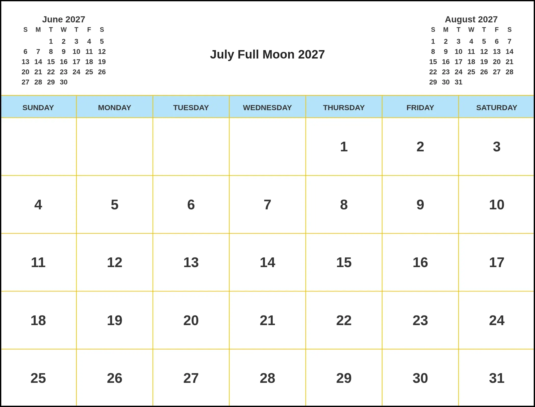 July Full Moon 2027 With Three Month View July Full Moon 2027 With Three Month View